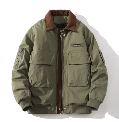 Men's Thickened Cotton Padded Jacket - American Style Lapel Patchwork Contrast Color with Big Pockets | CPG2523 | Perfect for Winter Outdoor Activities & Casual Wear