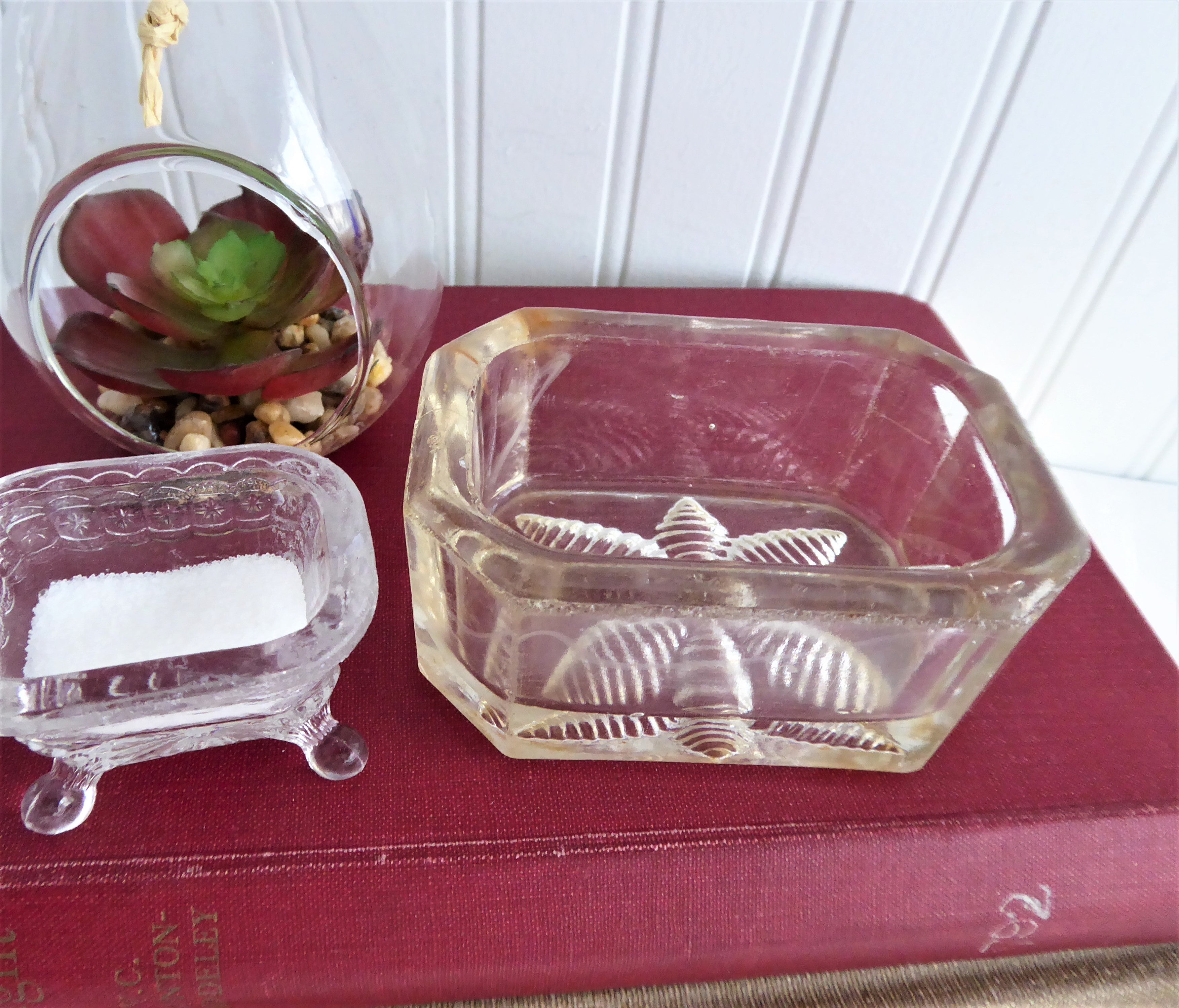 Antique Victorian Cut Crystal Open Salt Dish with Leaf Bottom - Large Master Size, Faceted Design Circa 1880s - Perfect for Table Setting, Collectible Display & Home Decor
