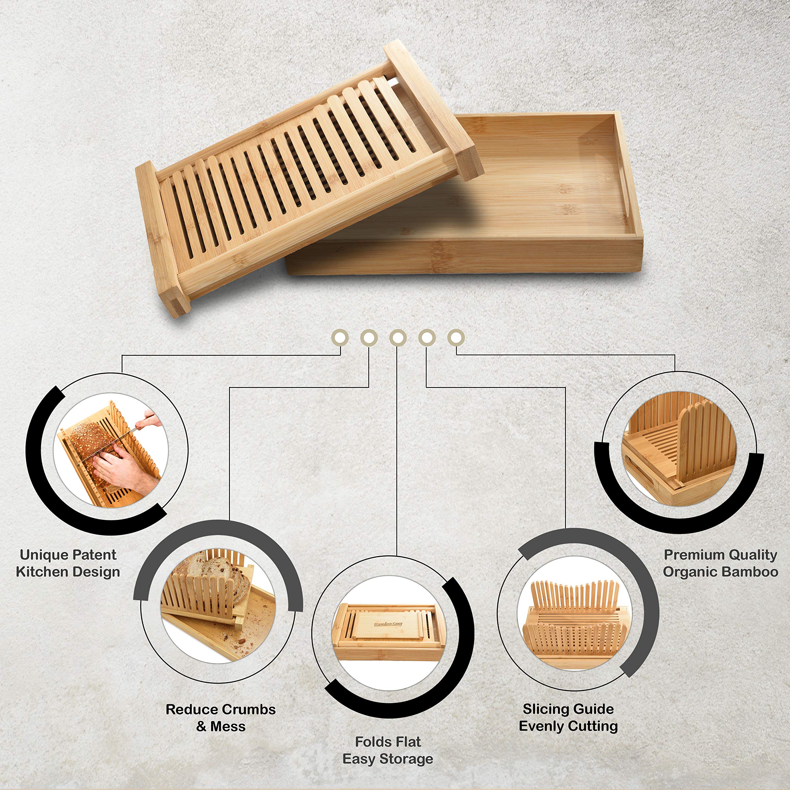 Premium Bamboo Bread Slicer with Crumb Tray - Adjustable 3-Size Bread Cutter for Homemade Bread, Loaf Cakes & Bagels - Compact Foldable Design for Easy Storage - Perfect for Kitchens, Bakeries & Breakfast Prep
