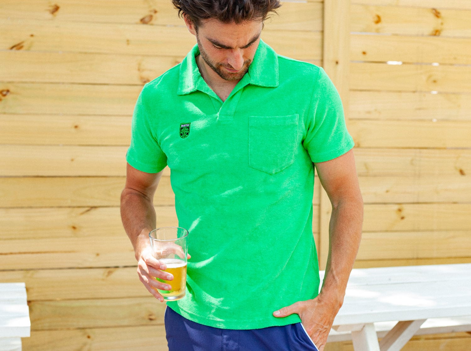 Austin FC Terry Cloth Polo Shirt with Embroidered Badge in Bright Verde - Perfect for Soccer Games & Casual Wear