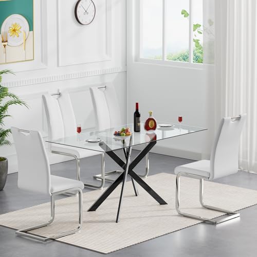 Clear Table With 4 White Silver Chairs