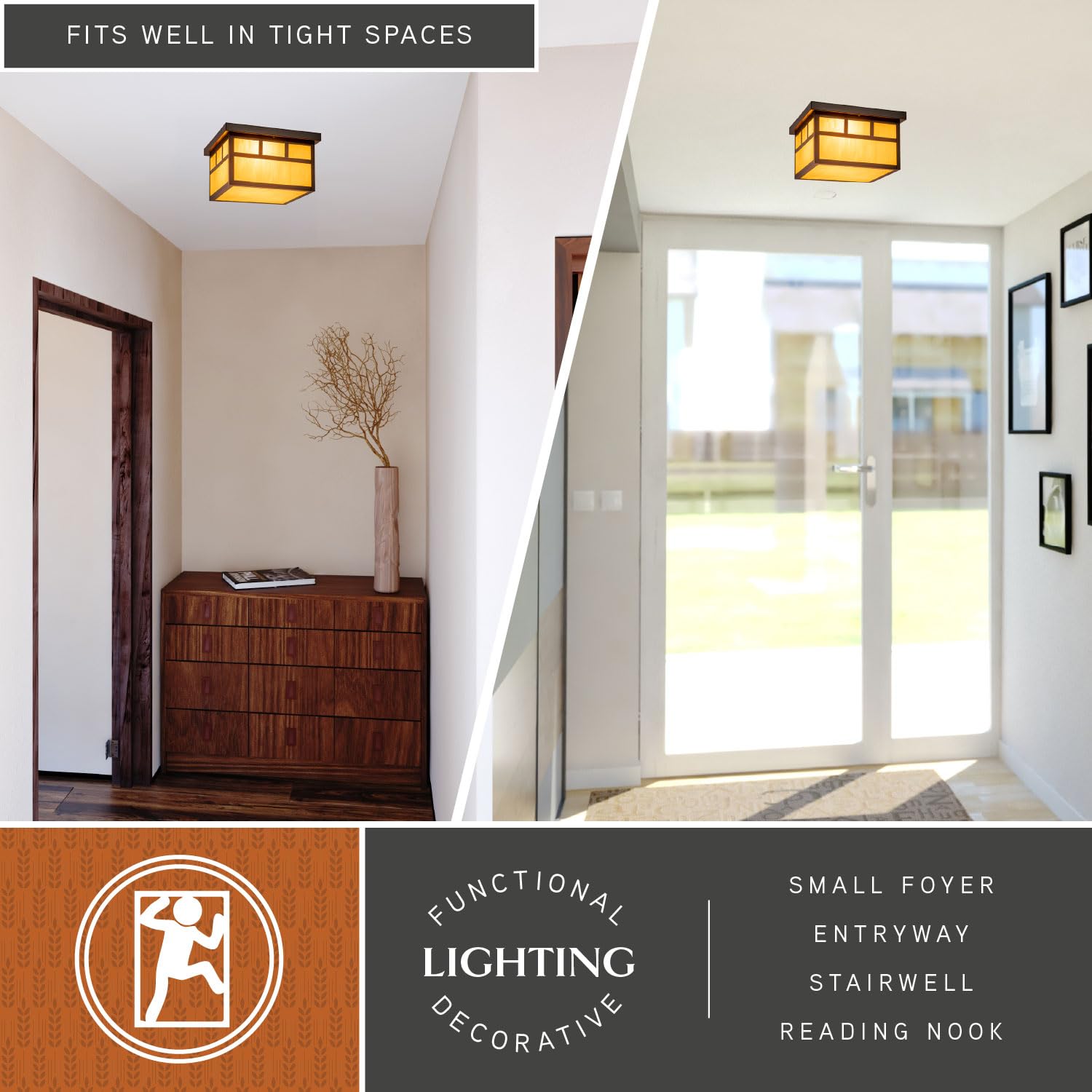 VAXCEL Mission Bronze Square Outdoor Flush Mount Ceiling Light with Honey Glass - Perfect for Porch, Patio, and Garage Lighting