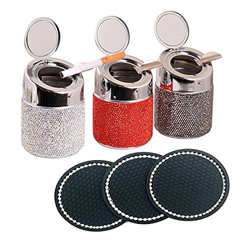 Sparkling Rhinestone Car Ashtray with Lid - Smell Proof Portable Car Trash Can for Women, Girly Red Cup Holder Accessory - Perfect for Road Trips, Commuting & Keeping Your Vehicle Clean (Red)