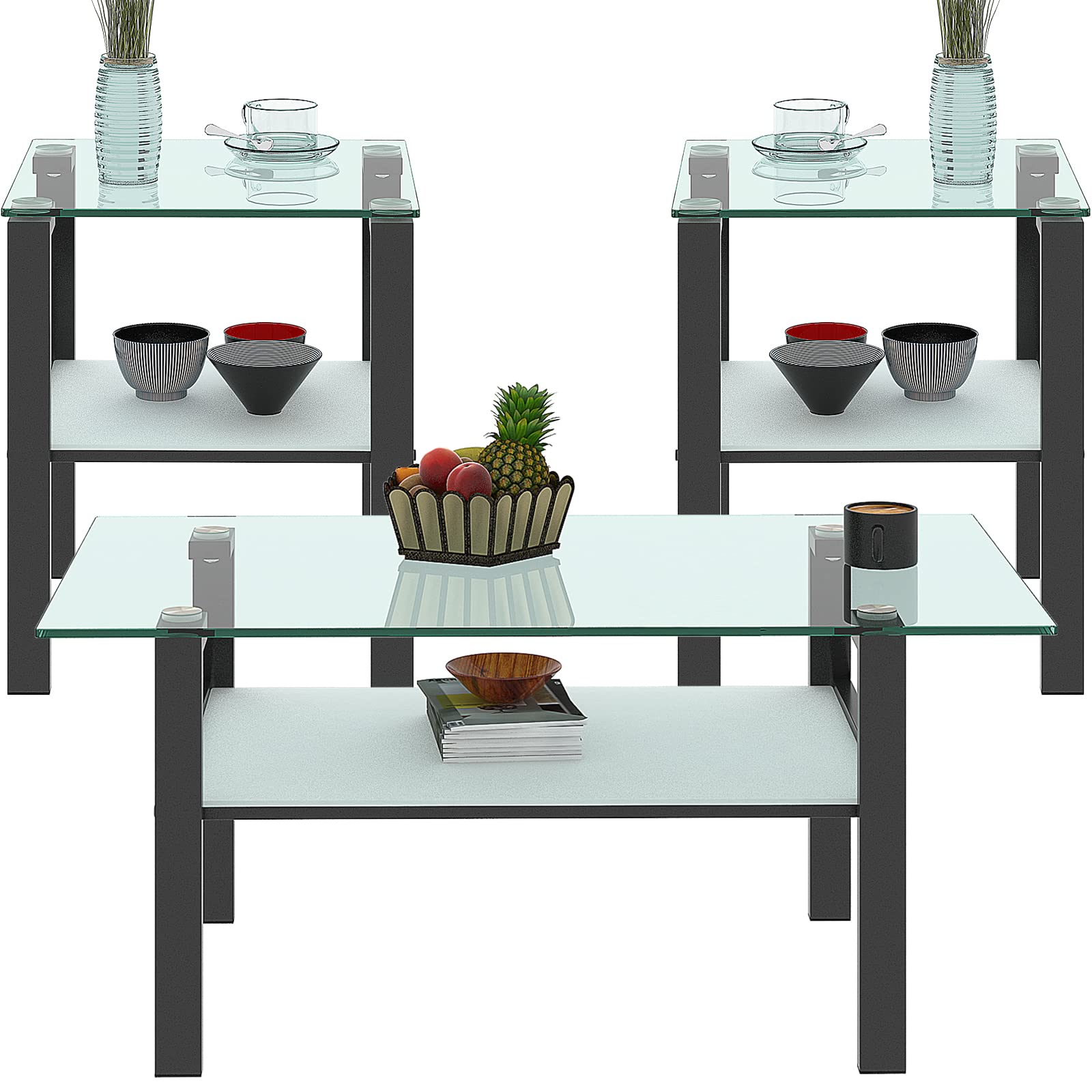 3-Piece Glass Coffee Table Set with Black Metal Legs & Clear Tempered Glass - Modern Living Room Coffee Table and End Table Set for Home Decor | Perfect for Small Spaces, Apartments & Lounge Areas