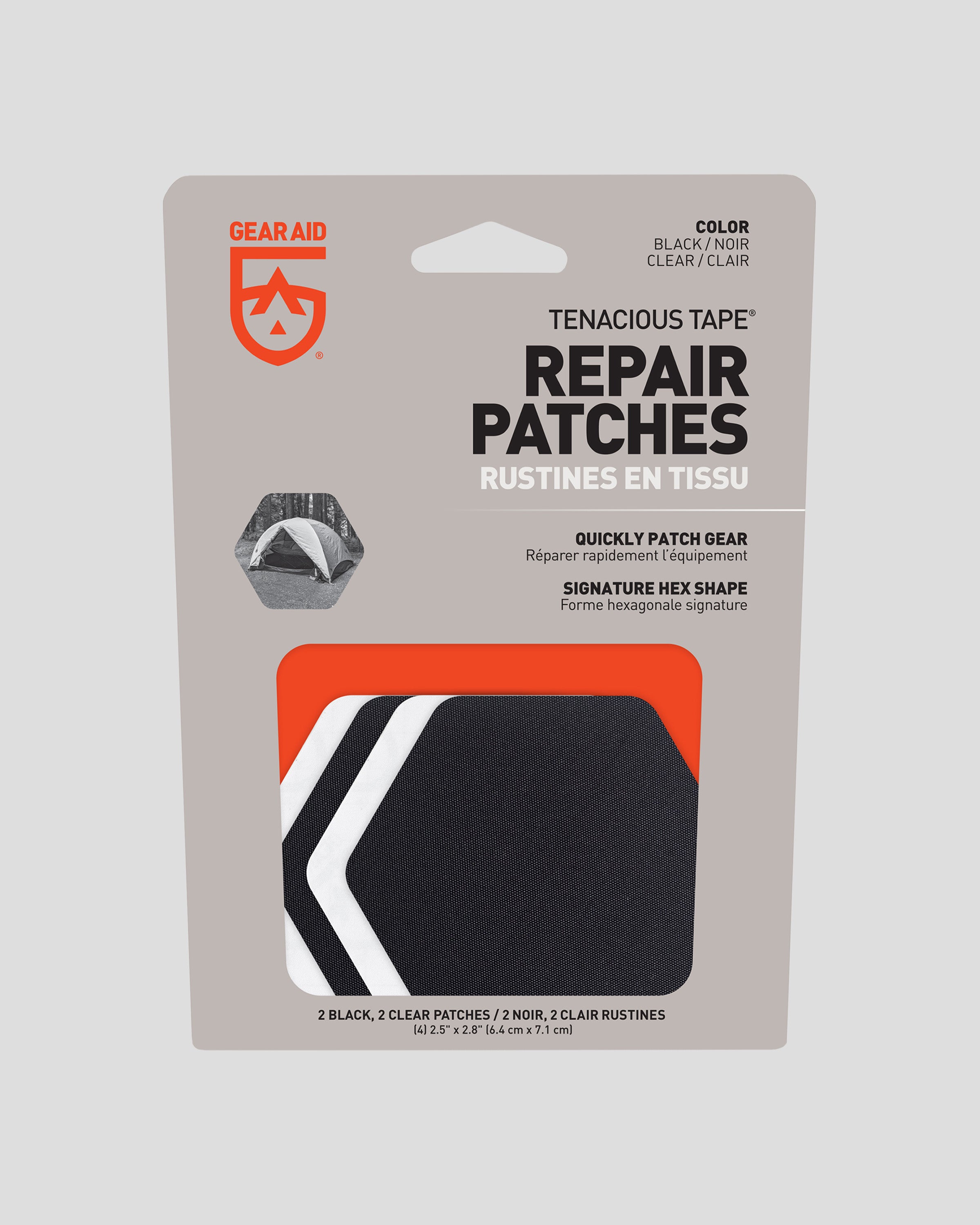 Gear Aid Tenacious Tape Hex Patches - Clear & Black - Durable Fabric Repair for Outdoor Gear, Tents, Jackets & Backpacks