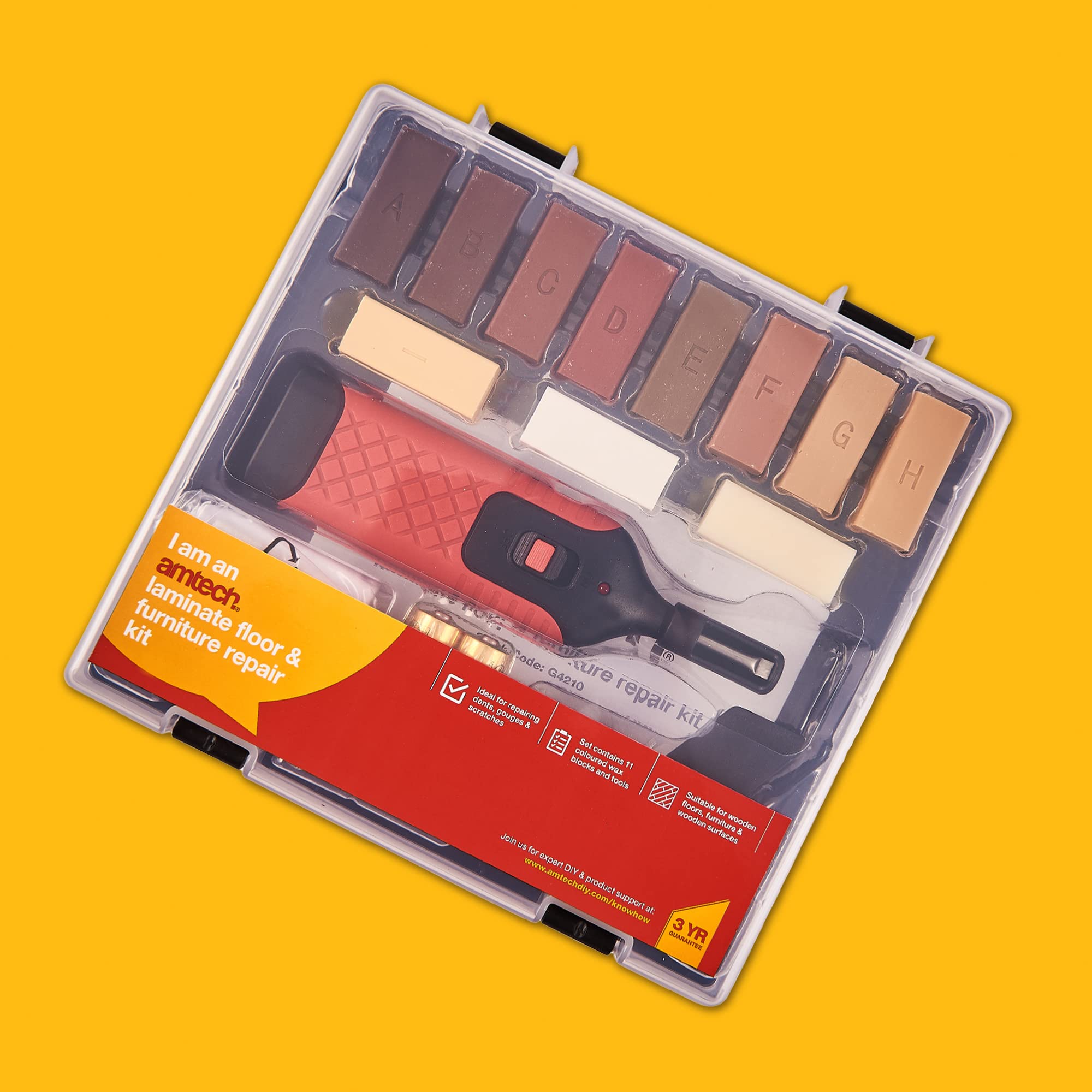 G4210 Laminate Floor & Furniture Repair Kit - 11 Colored Wax Blocks, Melting Tool & Batteries Included - Perfect for Scratches, Dents & Surface Damage on Wood Floors, Tables & Cabinets