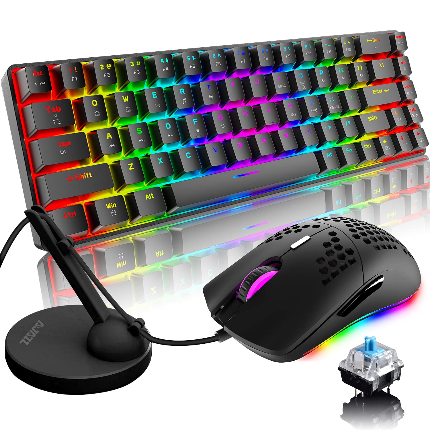 LexonElec 60% Mechanical Gaming Keyboard and Mouse Combo - RGB Backlit 68-Key Wired Keyboard with 18 Lighting Effects, 6400DPI Honeycomb Gaming Mouse & Mouse Bungee Pad (Black/Blue Switch) - Perfect for PC Gaming, Esports, and Office Work