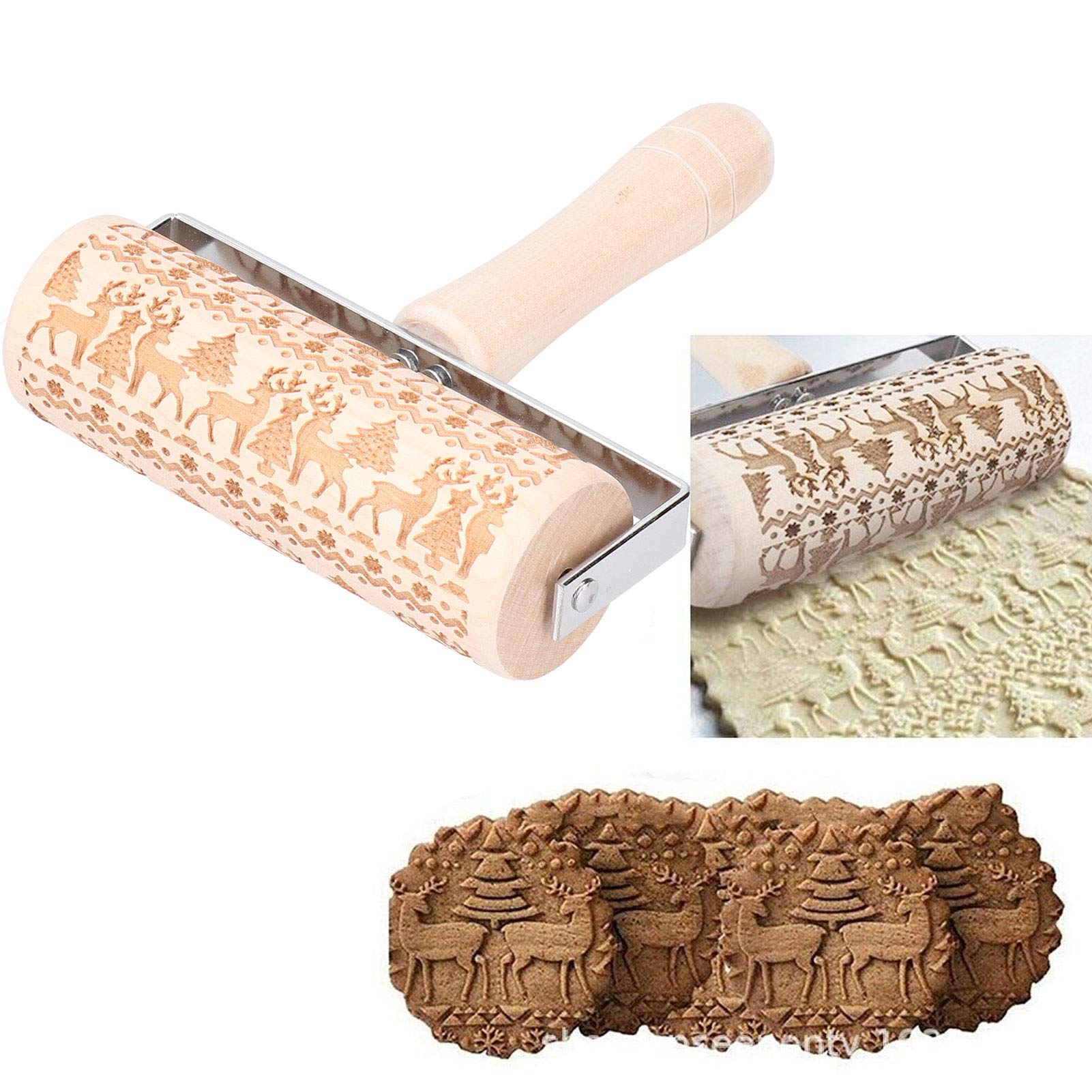 3D Christmas Rolling Pin - Wooden Engraved Embossing Dough Stick for Baking with Snowflake & Flower Pattern - Perfect for Making Embossed Cookies, Holiday Treats & DIY Gifts (Elk Design) - Ideal for Christmas Baking, Cookie Decorating & Homemade Desserts