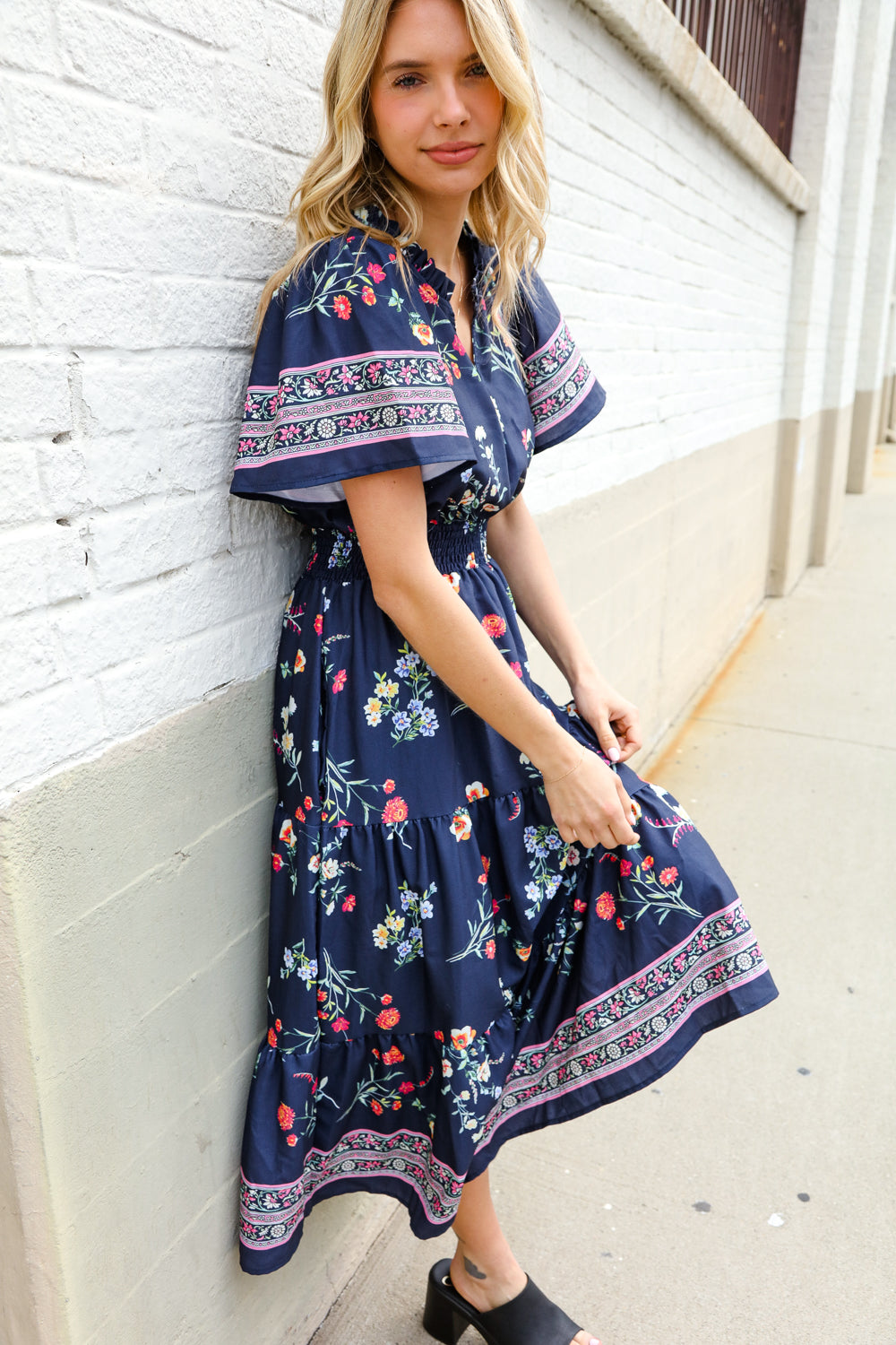 Boho Navy & Floral Print Tiered Maxi Dress - Notch Neckline, Flowy Beach Cover Up for Summer Vacations, Music Festivals and Casual Outings