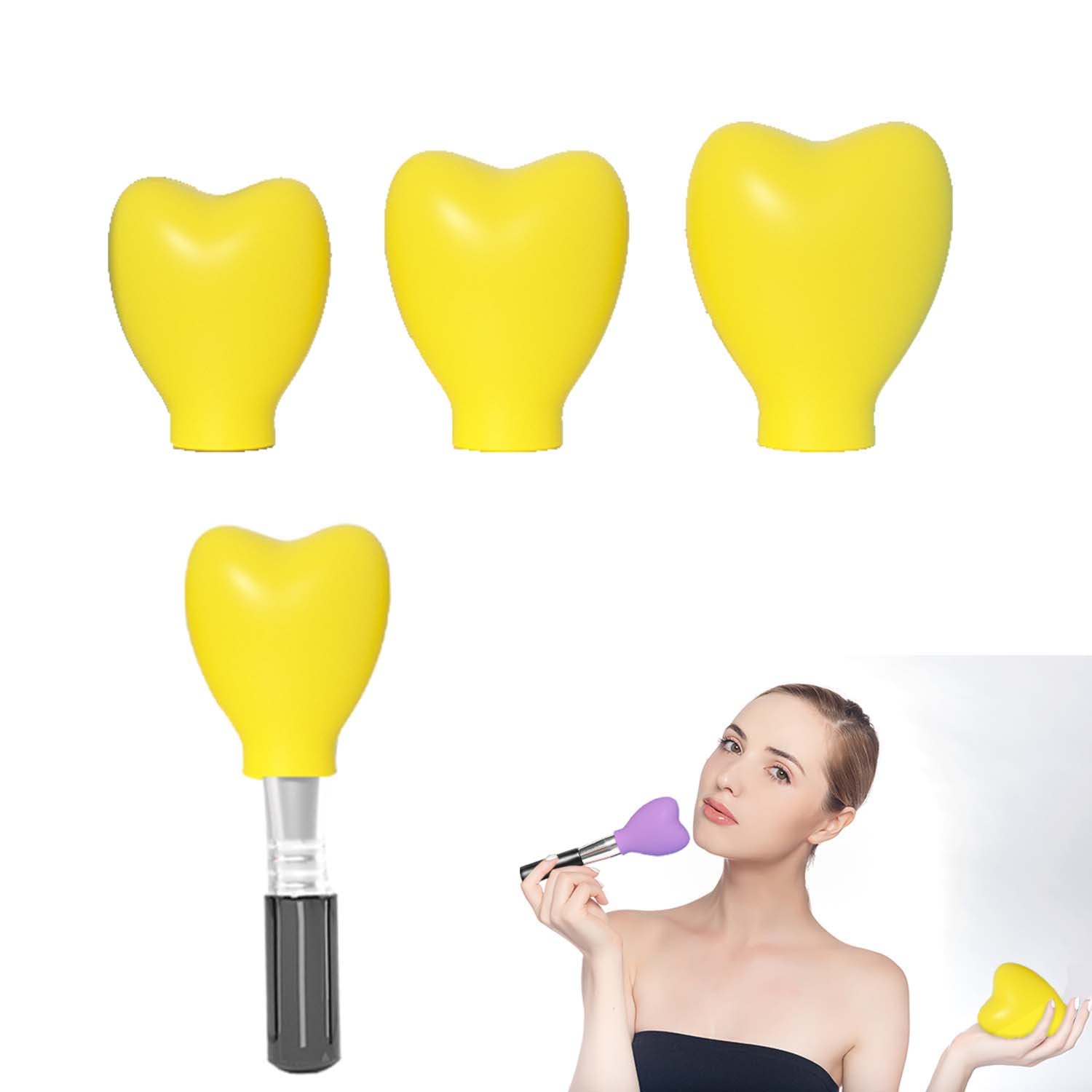 3Pcs Silicone Makeup Brush Holders - Reusable Dustproof Protector & Organizer for Foundation Brushes | Heart-Shaped Travel Brush Covers for Makeup Lovers (3 Sizes, Yellow) | Perfect for Travel, Home Storage & Gift Giving