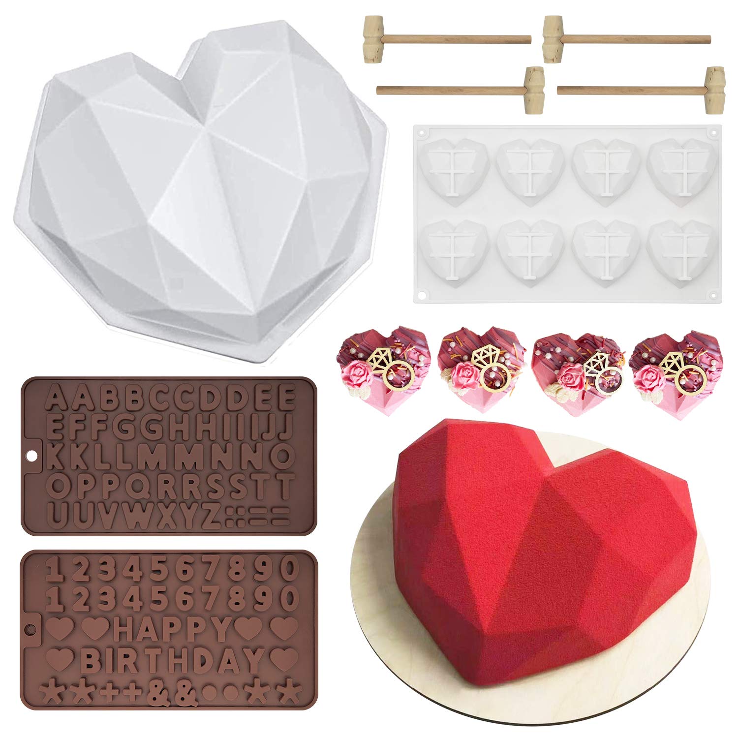 Premium Silicone Chocolate Molds Set - Diamond Heart Shaped Mousse Cake Trays, Letter & Number Molds for Valentine's Day Candy Making | Perfect for DIY Desserts, Baking, Party Favors & Gift Giving