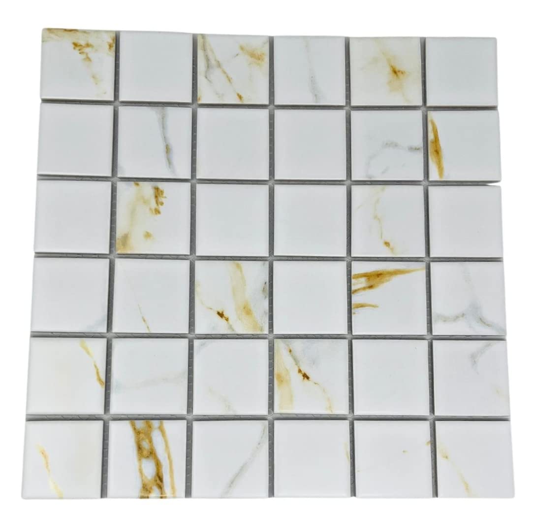 Premium 2x2 Matte White & Gold Calacatta Porcelain Tile - Waterproof Floor & Wall Tile for Kitchen Backsplash, Bathroom Shower, Accent Wall - Elegant Home Decor (Box of 20 Sheets) - Perfect for Modern Kitchens, Spa Bathrooms & Luxury Interior Design