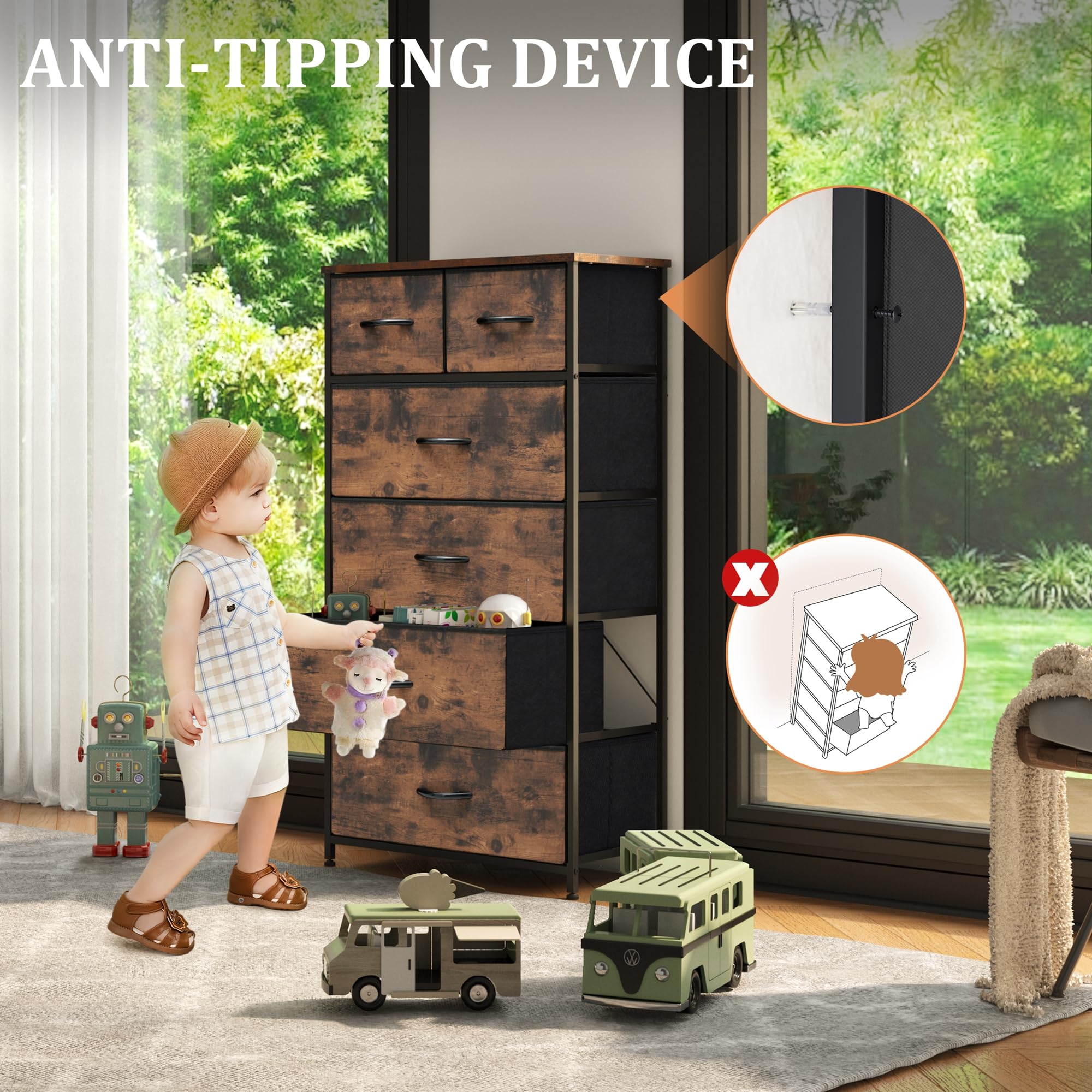 6-Drawer Tall Skinny Dresser for Bedroom - Rustic Brown Wooden Top Steel Frame Storage Organizer Tower | Perfect for Closet, Living Room & Hallway Organization | Space-Saving Furniture for Small Apartments & Dorm Rooms