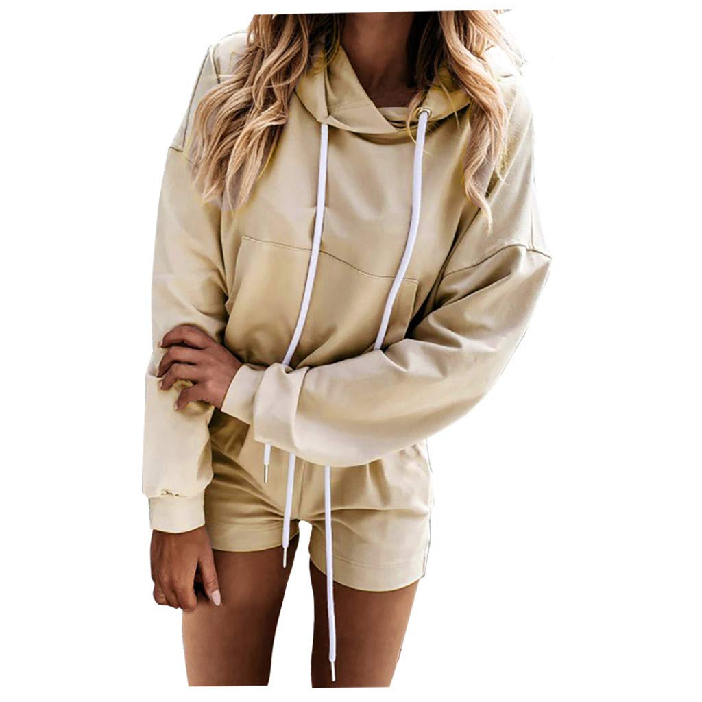 Women's Bike Shorts & Hooded Pullover Set - Solid Color Long Sleeve Leisure Outfit with Pockets | Perfect for Cycling, Yoga, Gym Workouts & Casual Wear