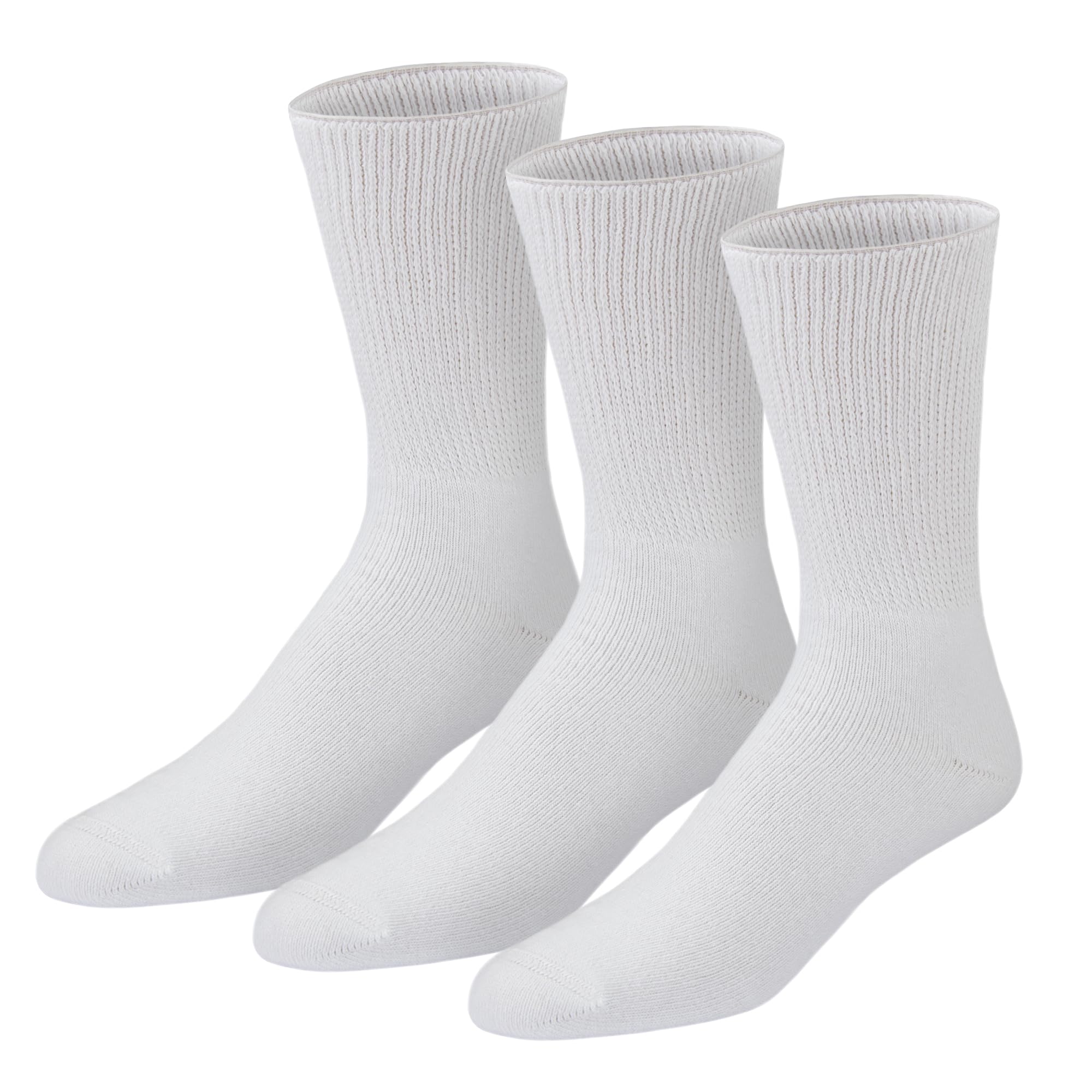 3 Pairs Premium Cotton Diabetic Socks for Men & Women - Loose Top Crew Socks for Neuropathy, Swelling Relief (Size 13-16, White) - Ideal for Daily Wear, Work & Travel Comfort