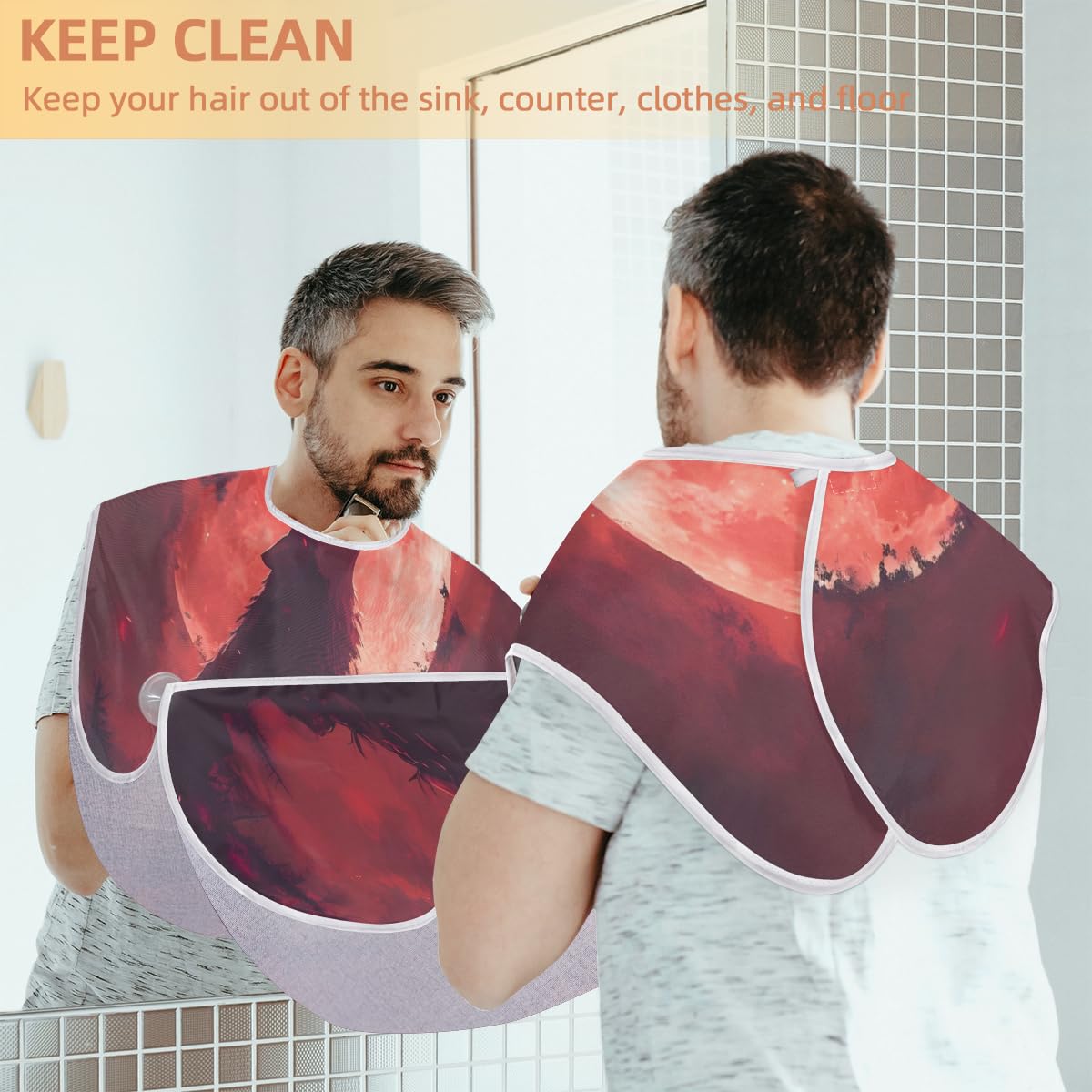 Howling Wolf Red Moon Beard Bib Hair Catcher for Men - Non-Stick Shaving Apron with Suction Cups, Grooming Cloth for Beards - Perfect Gift for Husband, Dad, Barber - Ideal for Home Grooming, Salon Use & Birthday Presents