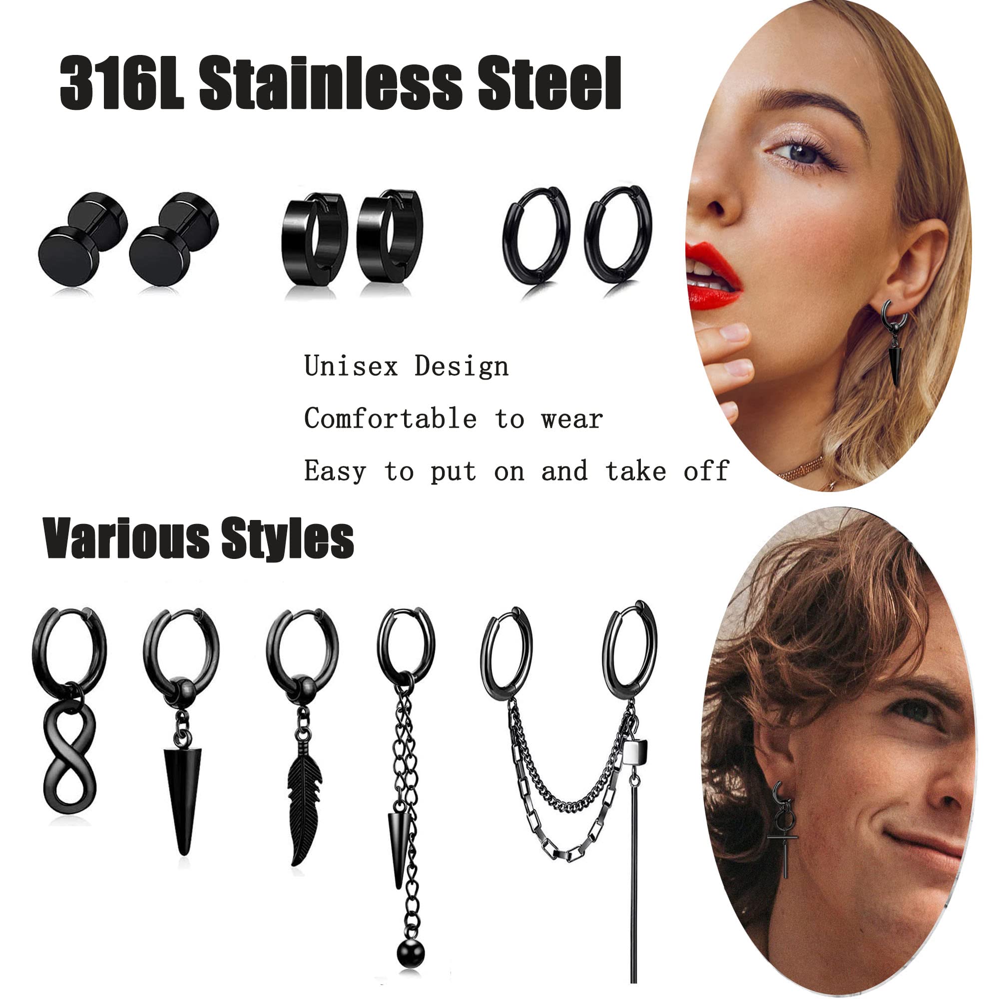BVLAGIDA 21 PCS Stainless Steel Earrings Set for Men & Women - Studs, Huggie Hoops, Cross & Dangle Earrings - Punk Style Jewelry for Daily Wear, Parties & Gifts