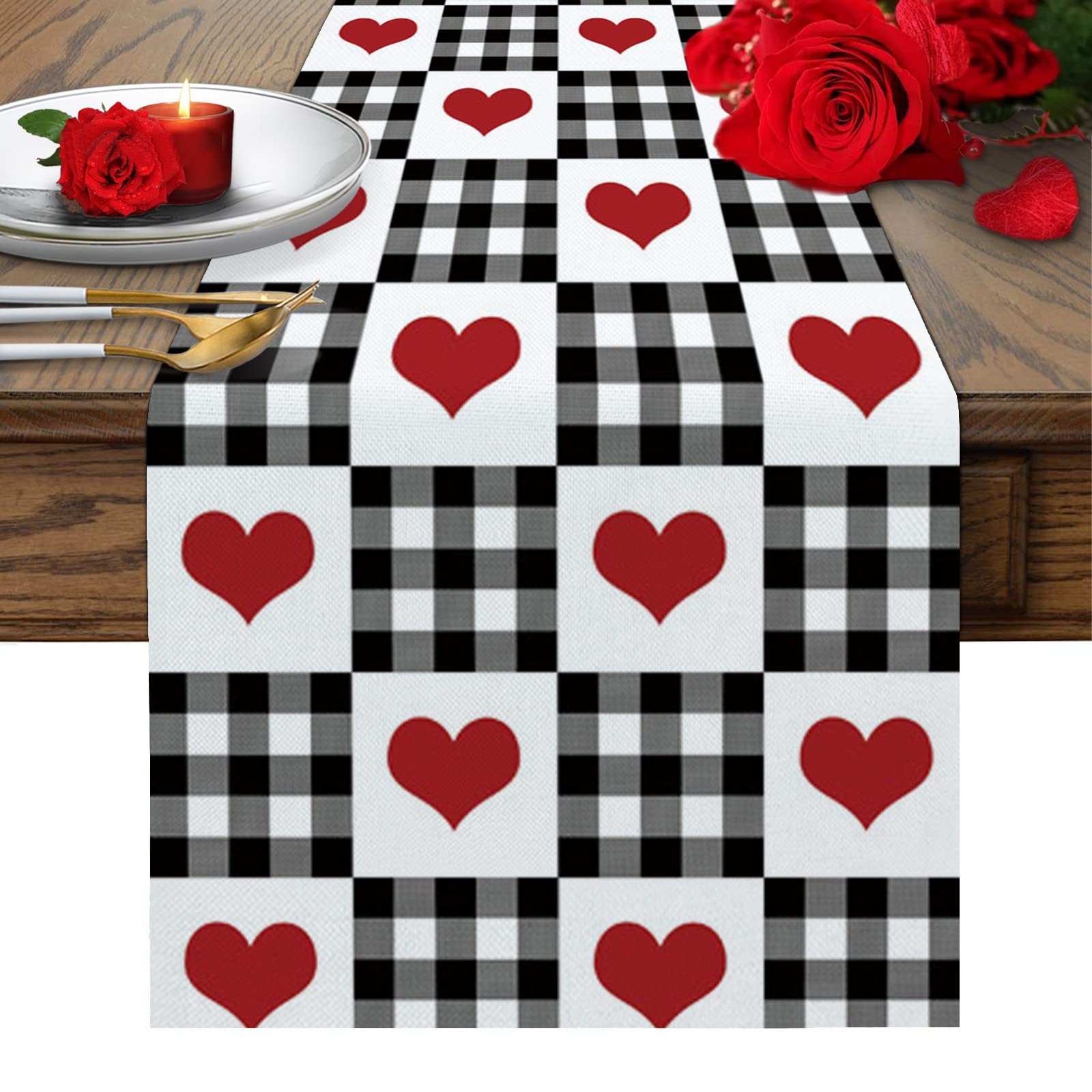 Buffalo Check Table Runner 120 Inches Long - Valentine's Day Love Heart Plaid Black White Cotton-Polyester Blend - Perfect for Family Dinners, Outdoor/Indoor Parties & Table Decorations