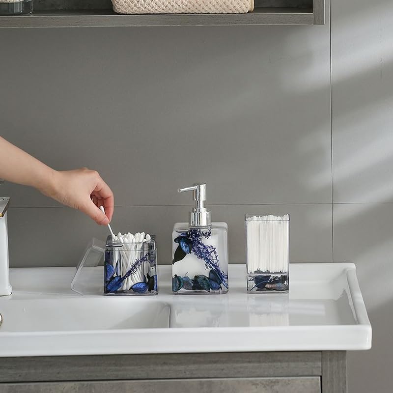 HBJWOV Floating Dried Flower Bathroom Decor Set - Hand Sanitizer Dispenser & Cotton Swab Holder for Spa-Like Bathroom Aesthetics | Perfect for Home Decor, Wedding Showers & Relaxing Self-Care Moments