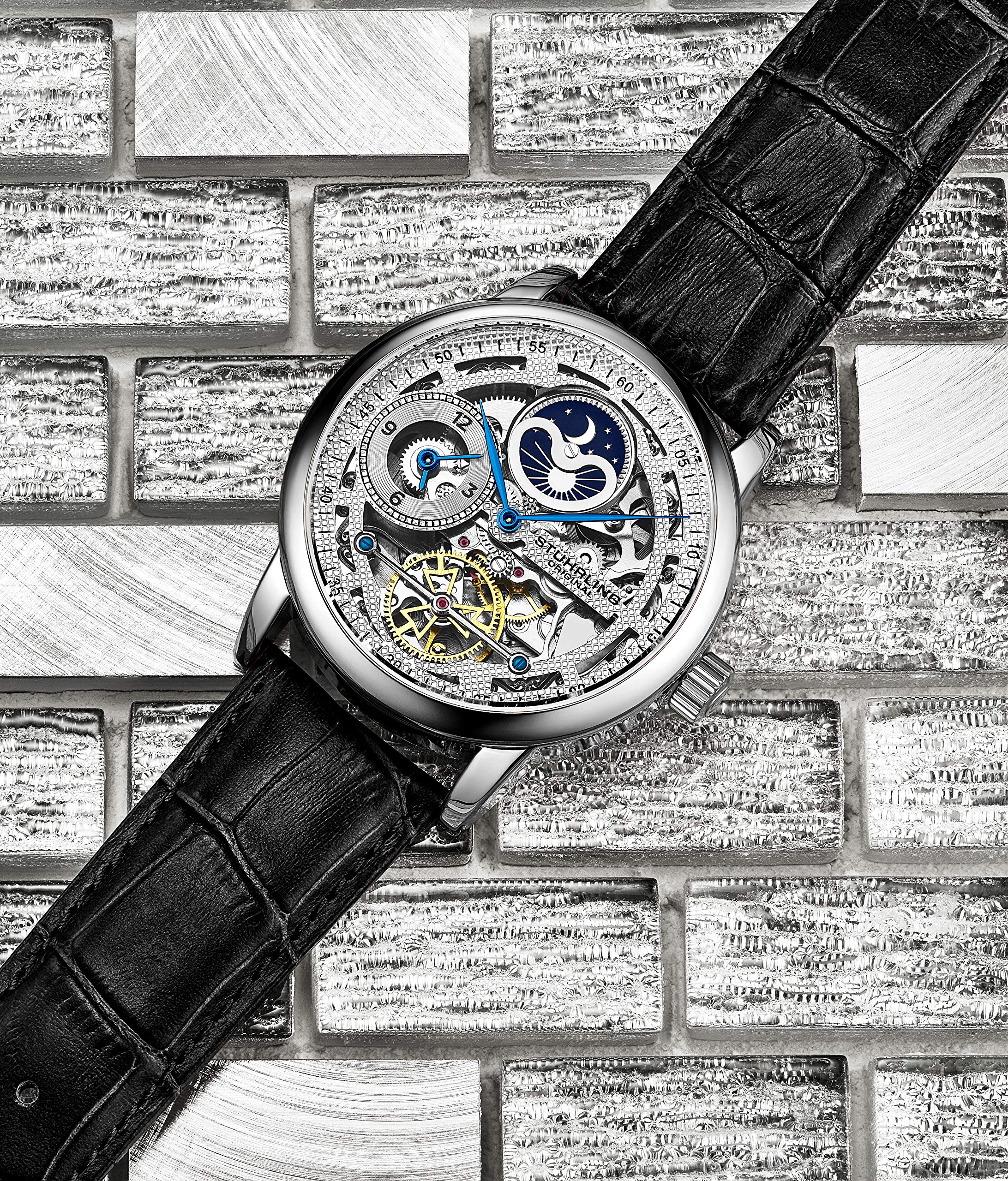 Stuhrling Original Men's Skeleton Automatic Watch - Dual Time, AM/PM Sun Moon Display, Genuine Leather Band, Legacy Collection | Perfect for Business, Formal Events & Gift Giving