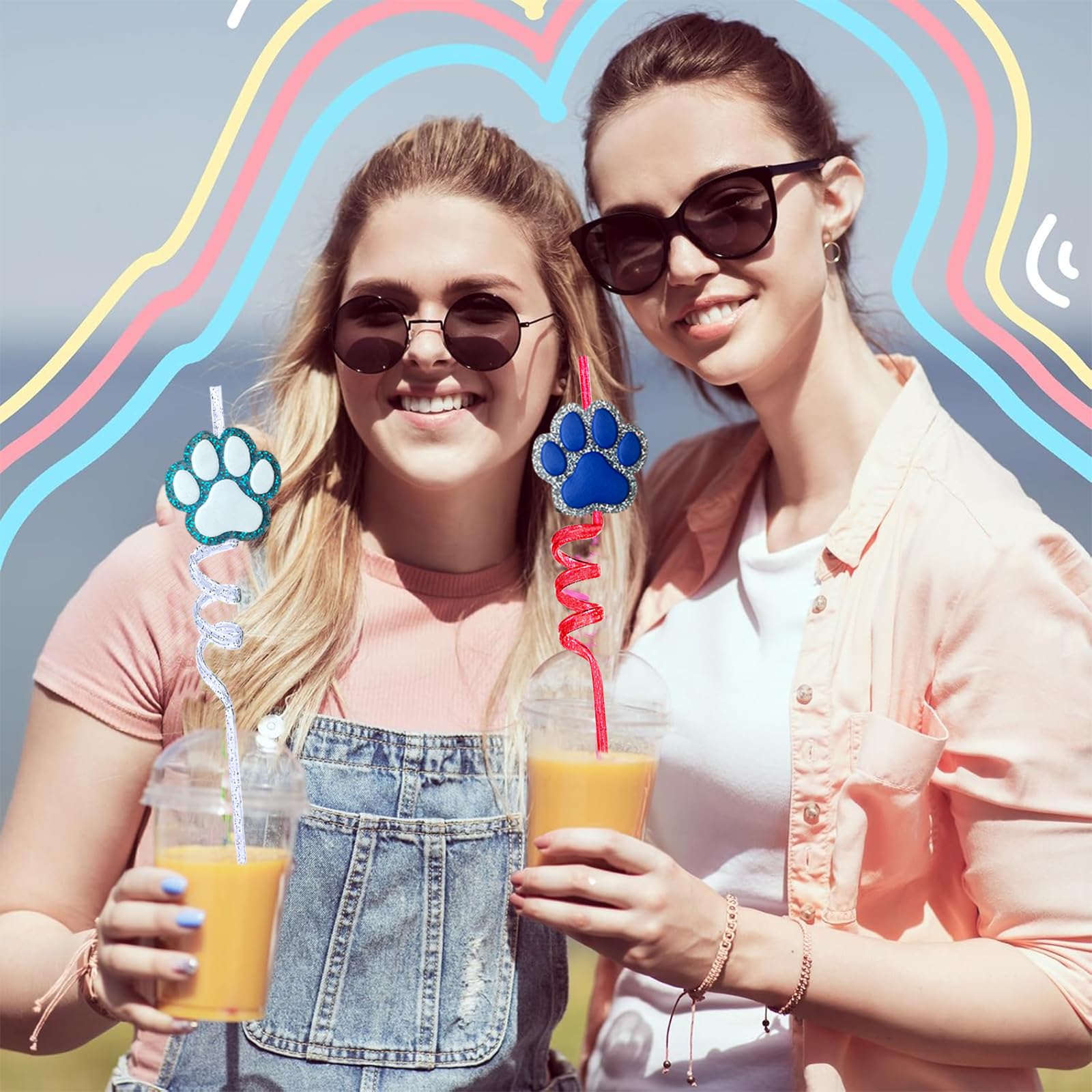 24 Pack Glitter Paw Print Drinking Straws + 2 Cleaning Brushes - Reusable Pet-Themed Straws for Dog Puppy Cat Birthday Parties, Baby Showers & Special Events - Fun Party Decorations & Drinkware Supplies