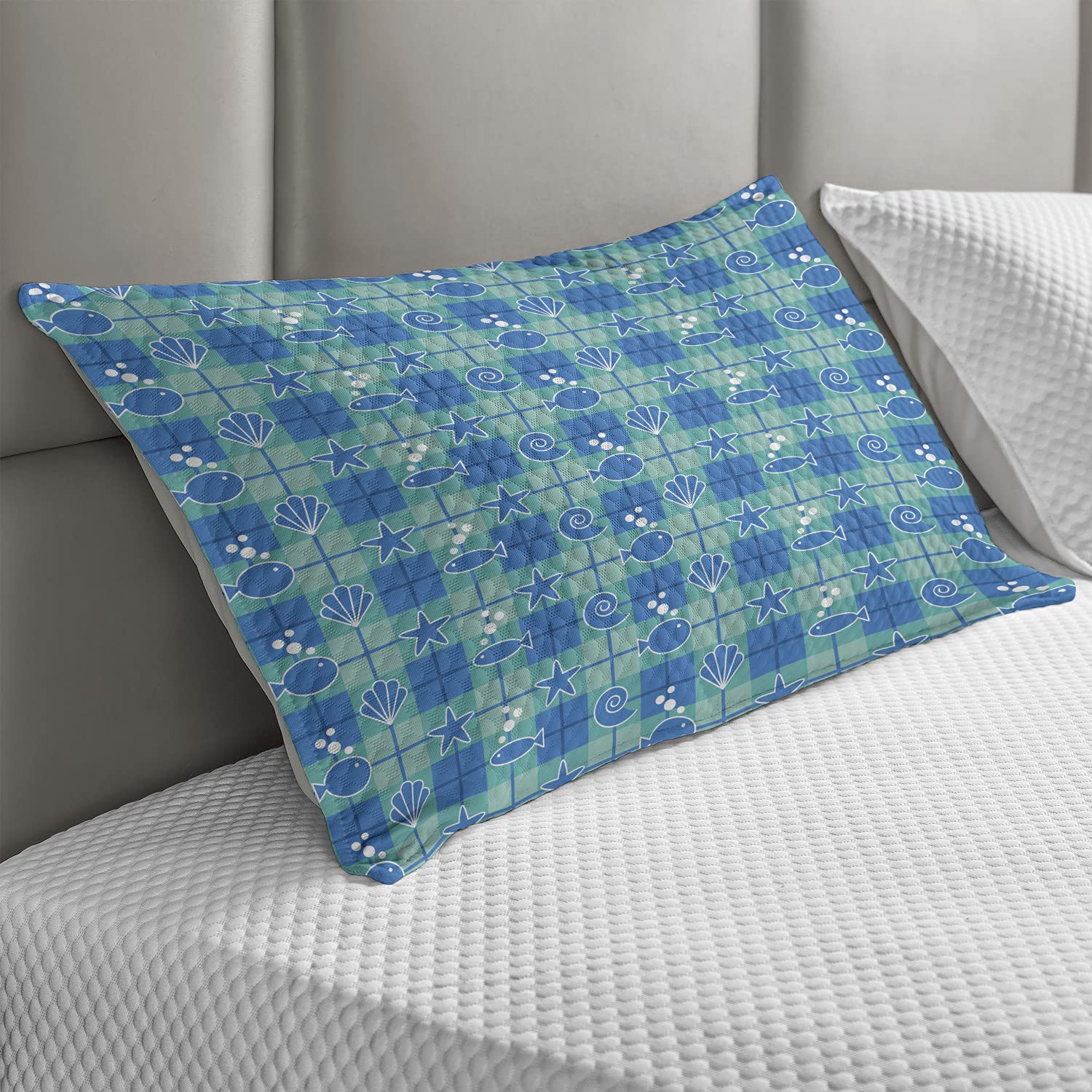 Ambesonne Sea Shells Quilted Pillow Cover - Plaid Pattern with Cartoon Marine Life Silhouettes (Fish, Starfish, Bubbles) - King Size Decorative Pillow Case 36x20 Inches - Mint Green Blue White - Perfect for Coastal Bedroom Decor, Beach House Accents & Nautical Theme Living Room