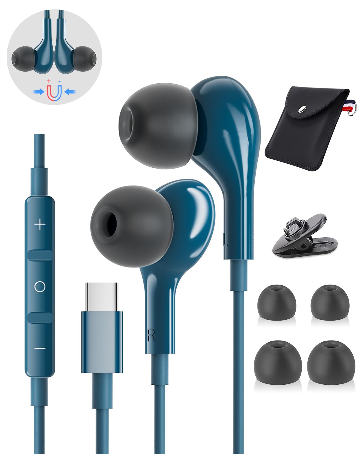USB C Headphones Wired with Mic - Hi-Fi Magnetic in-Ear Earbuds for Samsung Galaxy S24/S23 Ultra, iPhone 15/16 Pro Max, S22/S21, A55/A35/A53/A54 5G, Pixel 8/7 - Perfect for Gaming, Workouts & Commuting