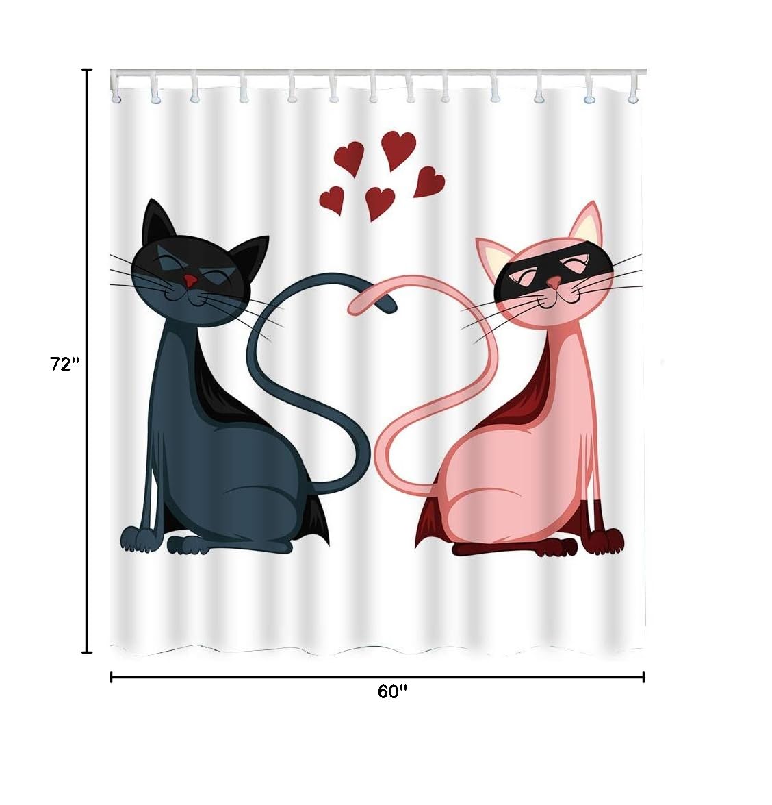 Cartoon Superhero Cats Couple in Love Heart Shower Curtain - 60x72 Inch Waterproof Polyester Bathroom Decor with Hooks - Perfect for Bathroom, Kids Room & Pet Lover Home Decor