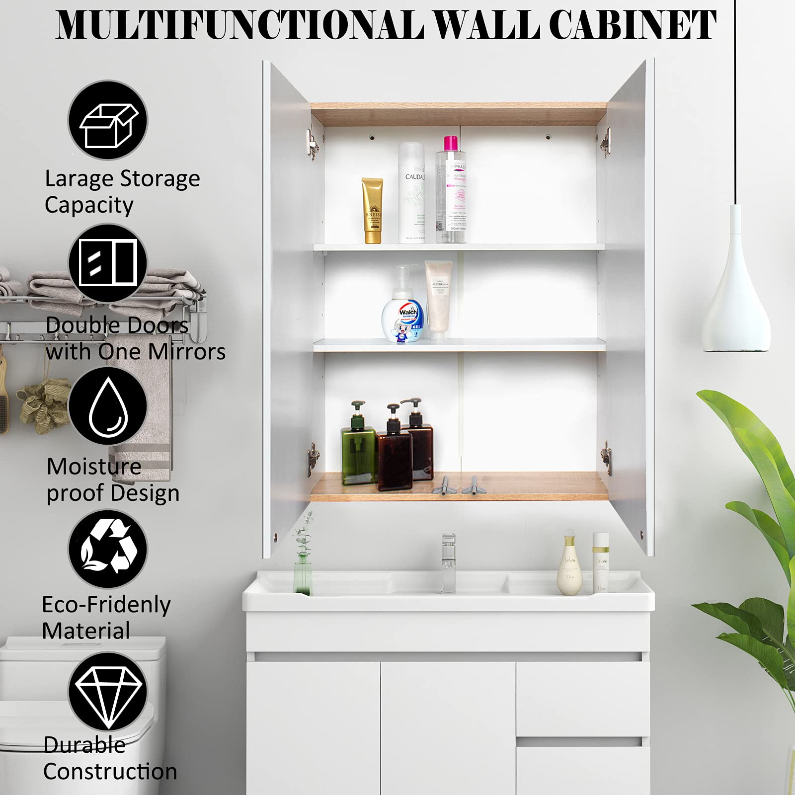 HomVent White Wall Mounted Bathroom Mirror Cabinet - Over Vanity Medicine Storage with Double Doors & Adjustable Shelf, Space Saving MDF Board (2-Door) - Perfect for Small Bathrooms, Apartments & Modern Home Decor