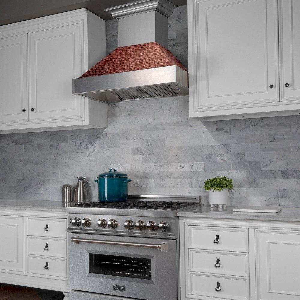 ZLINE 30 Inch Ducted Wall Mount Range Hood - Satin Stainless Steel with Hand-Hammered Copper Shell (8654HH 30) | Powerful Kitchen Ventilation for Gas Stoves & Cooking Smoke Removal