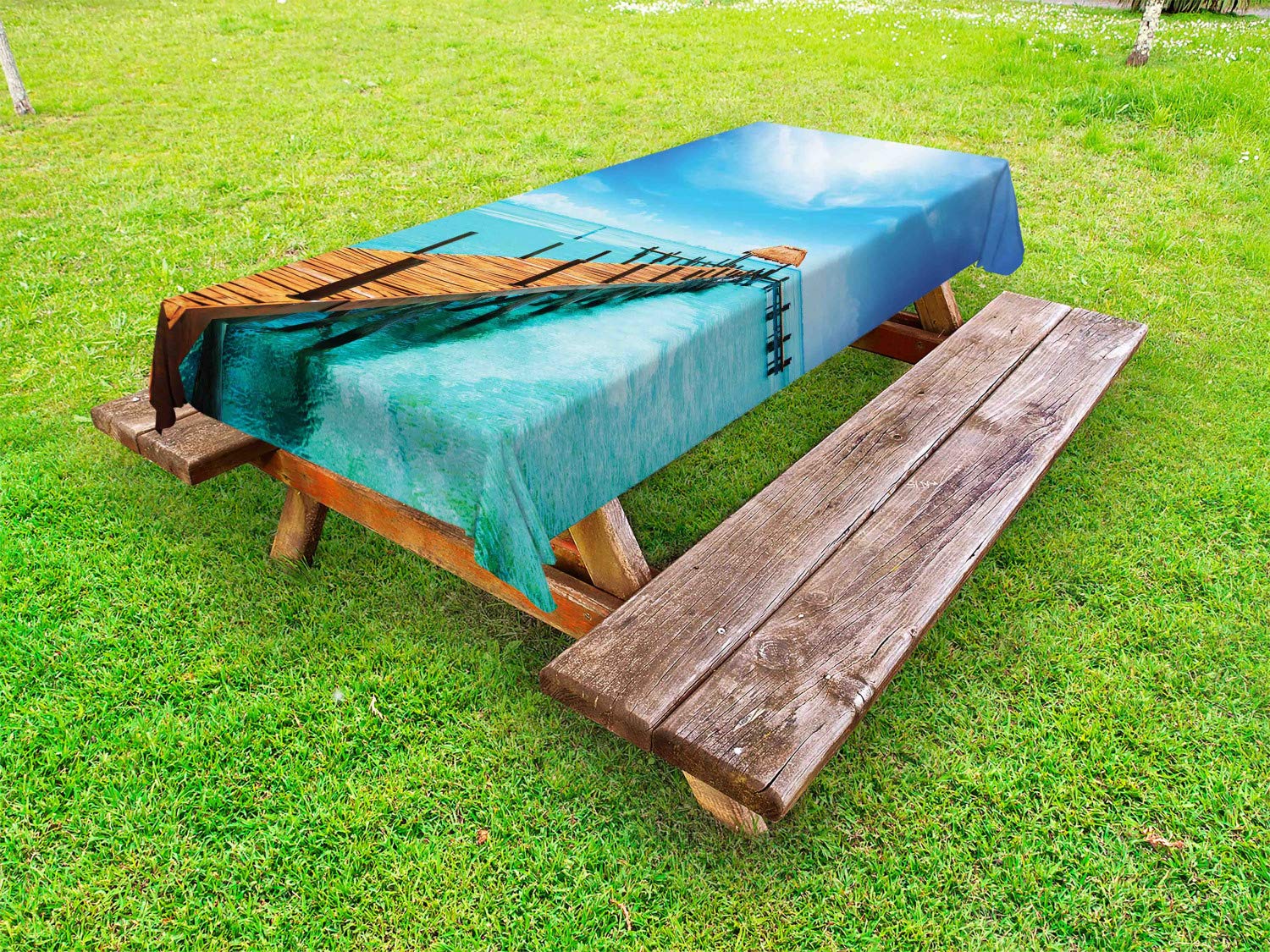 Ambesonne Tropical Outdoor Tablecloth - Hawaiian Wooden Pier Design, Ocean Themed Washable Picnic Table Cover, 58