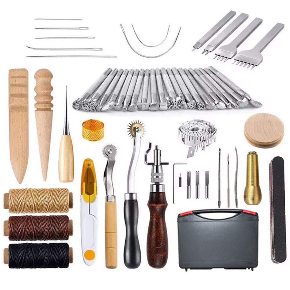 59-Piece Leather Craft Punch Tool Kit with Prong Punch, Stamping Tools & Wax Ropes - Complete Leather Working Tools Set for DIY Leather Crafting, Repairing & Leatherworking Projects