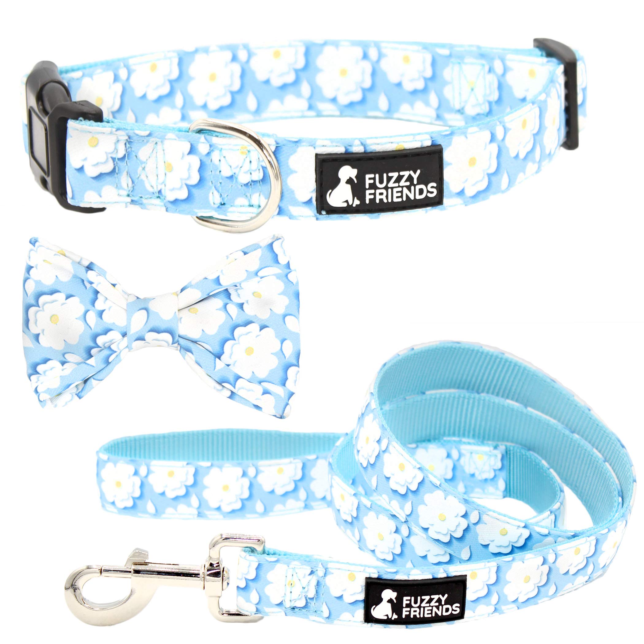 **Blue Daisy Dog Collar with Bow Tie - Soft Flower Pet Collar & Optional Leash Set, Durable Premium Nylon for Small & Medium Dogs - Perfect for Daily Walks, Photo Shoots & Special Occasions**
