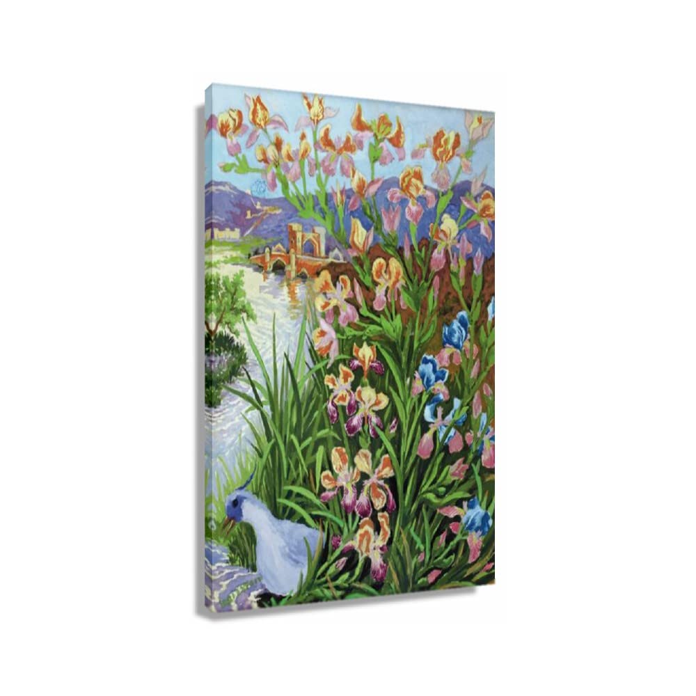 Louis Wain Blue Tufted Bird & Bearded Irises Vintage Floral Painting - Framed Wall Art Decor (24x36 inches/60x90cm) - Perfect for Bathroom, Kitchen, Bedroom & Living Room Decor