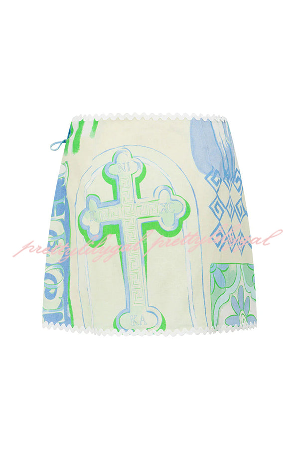 Pierre Linen Blend Ric Rac Trim Short Sleeve Shirt & Wrap Tie Mini Skirt Set - Unique Printed Outfit for Summer Beach, Vacation & Casual Date Night