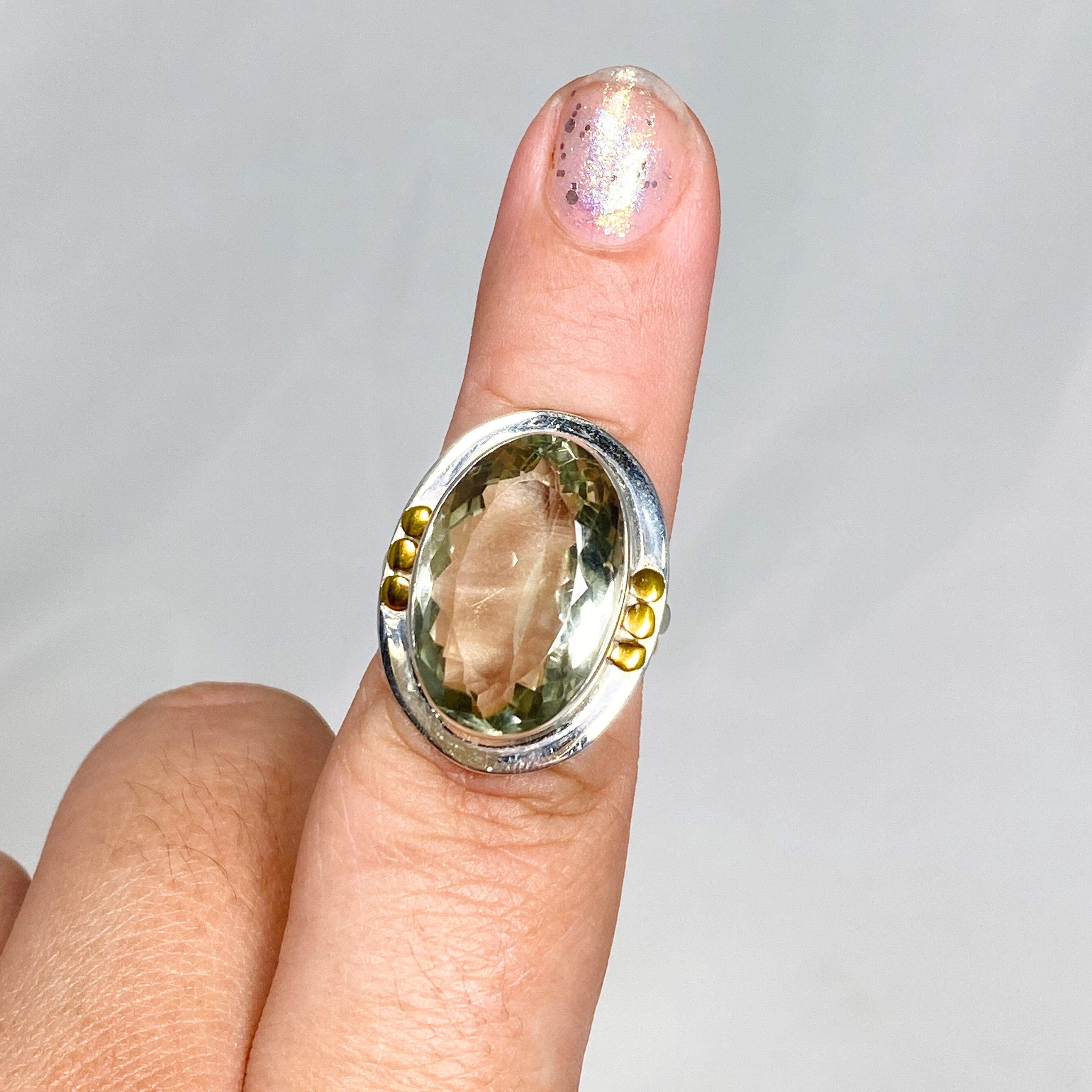 Prasiolite (Green Amethyst) Oval Faceted Ring with Brass Accents - Size 8 - KRGJ3170 - Elegant Jewelry for Women, Perfect for Weddings, Parties & Special Occasions