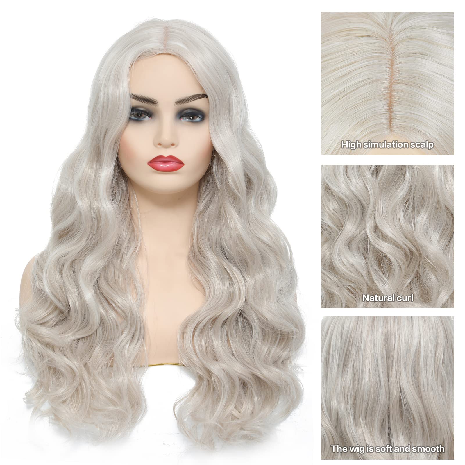 Long Wavy Platinum Blonde Synthetic Wig for Women - Middle Part Costume Wig for Halloween, Cosplay, Parties & Costume Events