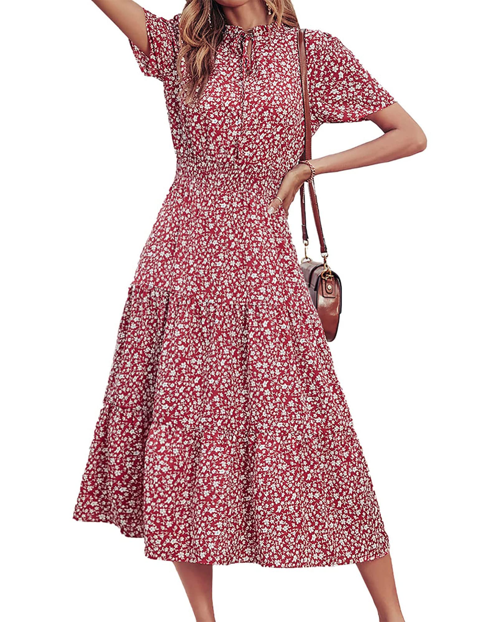 BTFBM Women's Floral Print Boho Summer Dress - Casual V-Neck Short Sleeve Elastic Waist A-Line Midi Dress for Beach, Vacation & Outdoor Parties