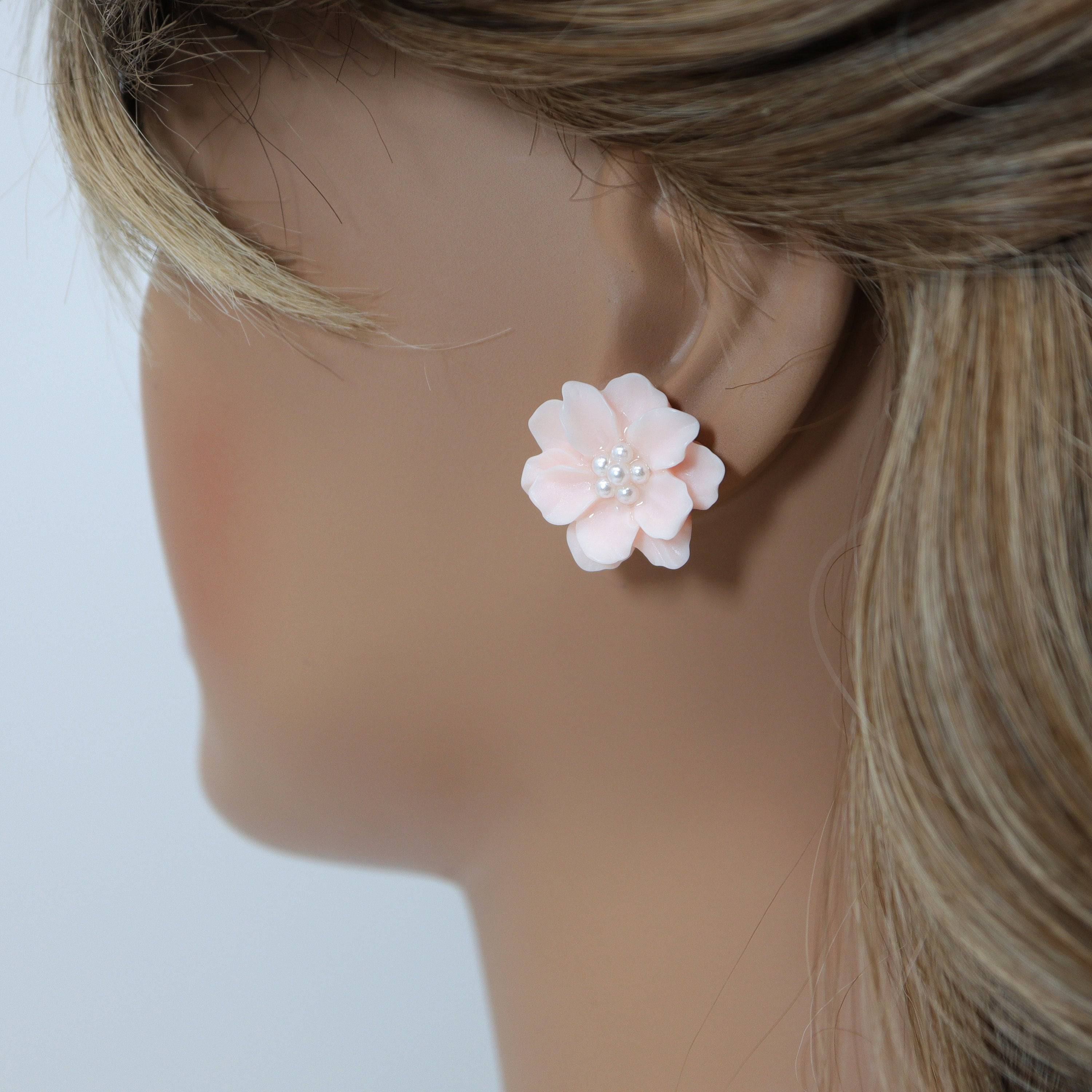 Elegant Pink Flower Pearl Earrings for Women - Bridal Jewelry, Wedding Stud Earrings, Statement Earrings for Bride & Bridesmaids - Perfect for Weddings, Parties & Special Occasions