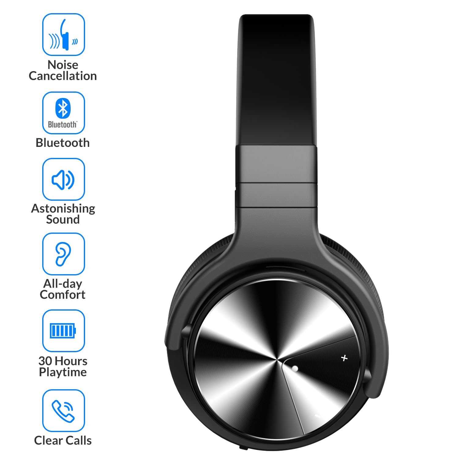 Silensys Active Noise Cancelling Bluetooth Headphones with Microphone - Wireless Over-Ear Headphones with Deep Bass, 30H Playtime, Comfortable Fit for Work, Travel & Gaming (Jet Black) - Perfect for Office, Commuting, TV Watching & Phone Calls