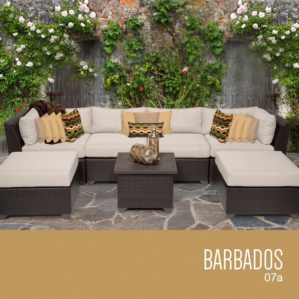 TK Classics 7-Piece Barbados Outdoor Wicker Patio Furniture Set in Beige - Perfect for Poolside, Garden, and Backyard Relaxation