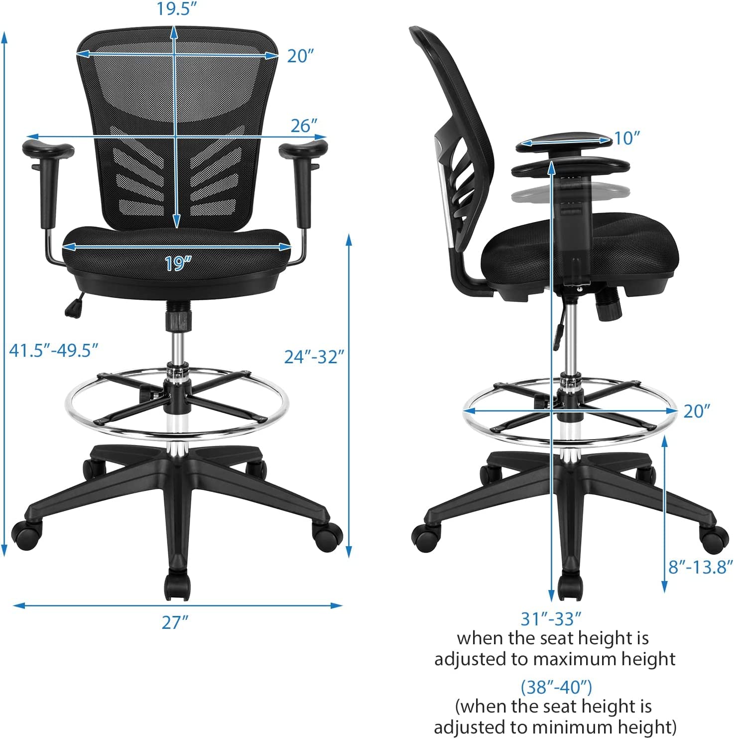 COSTWAY 2-Pack Ergonomic Mesh Office Chairs - Adjustable Height Standing Desk Chairs with Footrest & Armrests, Rolling Computer Drafting Chairs for Home Office (Black) | Perfect for Workspaces, Gaming Setups & Study Areas