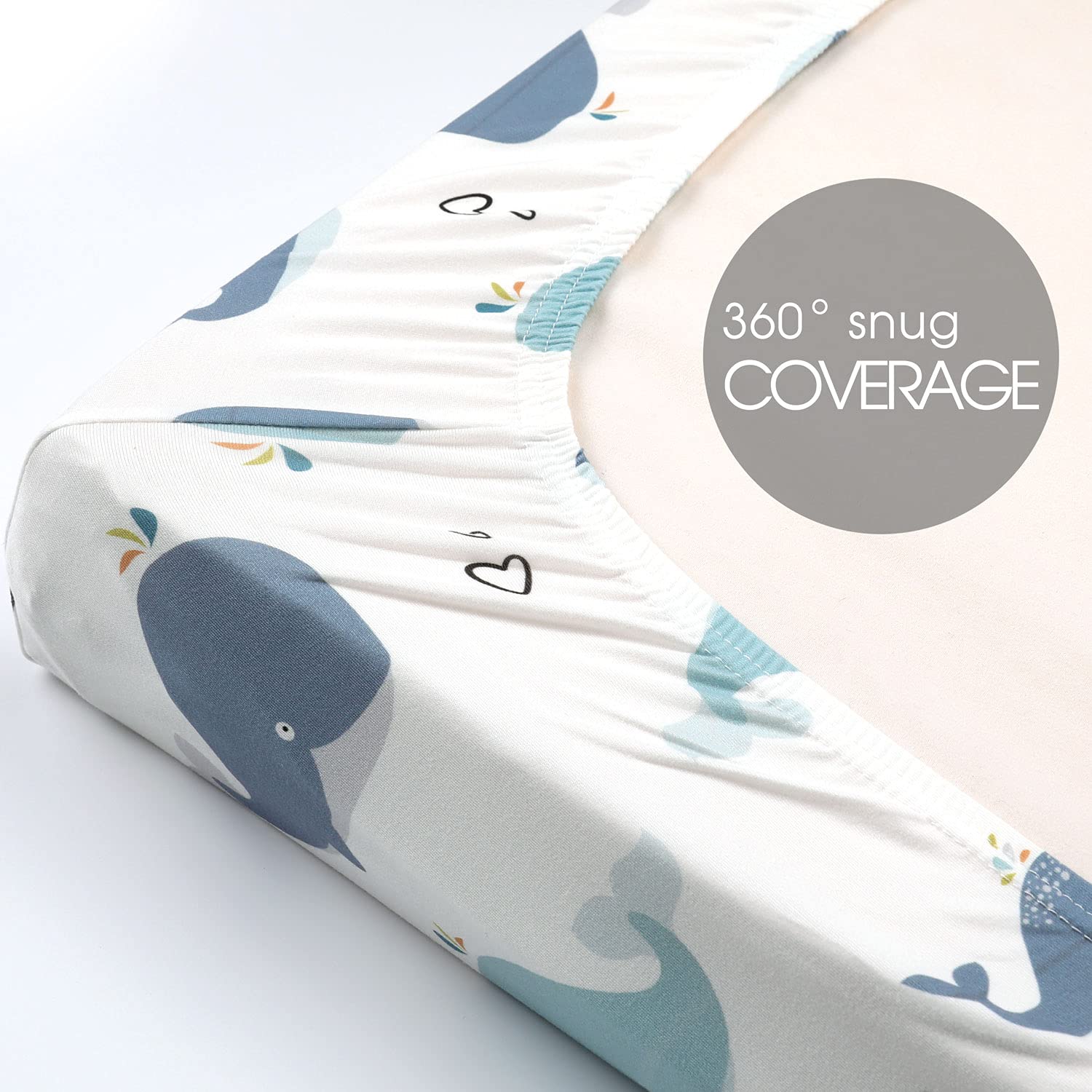 GRSSDER 2-Pack Stretchy Ultra Soft Jersey Knit Fitted Pack n Play Sheets - Universal Fit for Mini Cribs & Playards - Cute Whale Design for Boys & Girls - Perfect for Nursery, Daycare & Travel Use