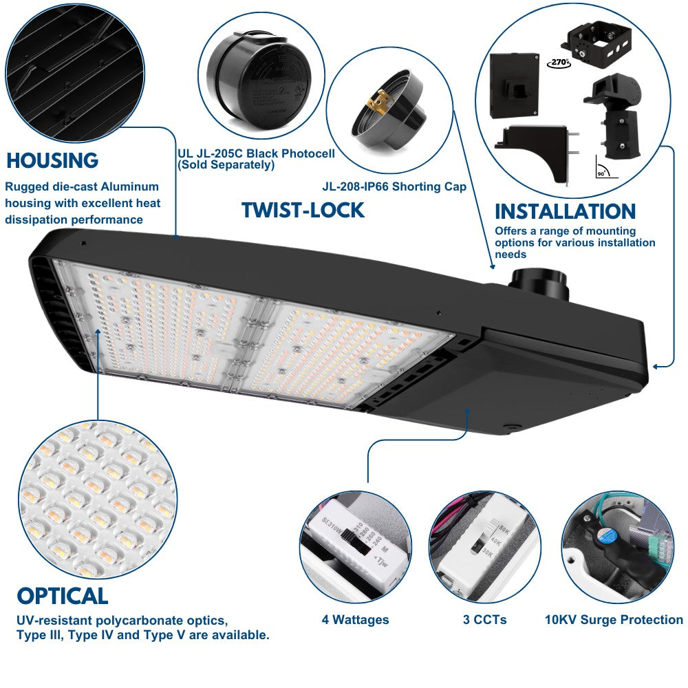 Vela III LED Parking Lot Light - 310W, 46,600 Lumens, 4 Watts Selectable, 3 CCT Selectable, Type III, 120-277V, 1000W Equivalent - Black Finish - Perfect for Commercial Parking Lots, Warehouses, and Outdoor Security Lighting