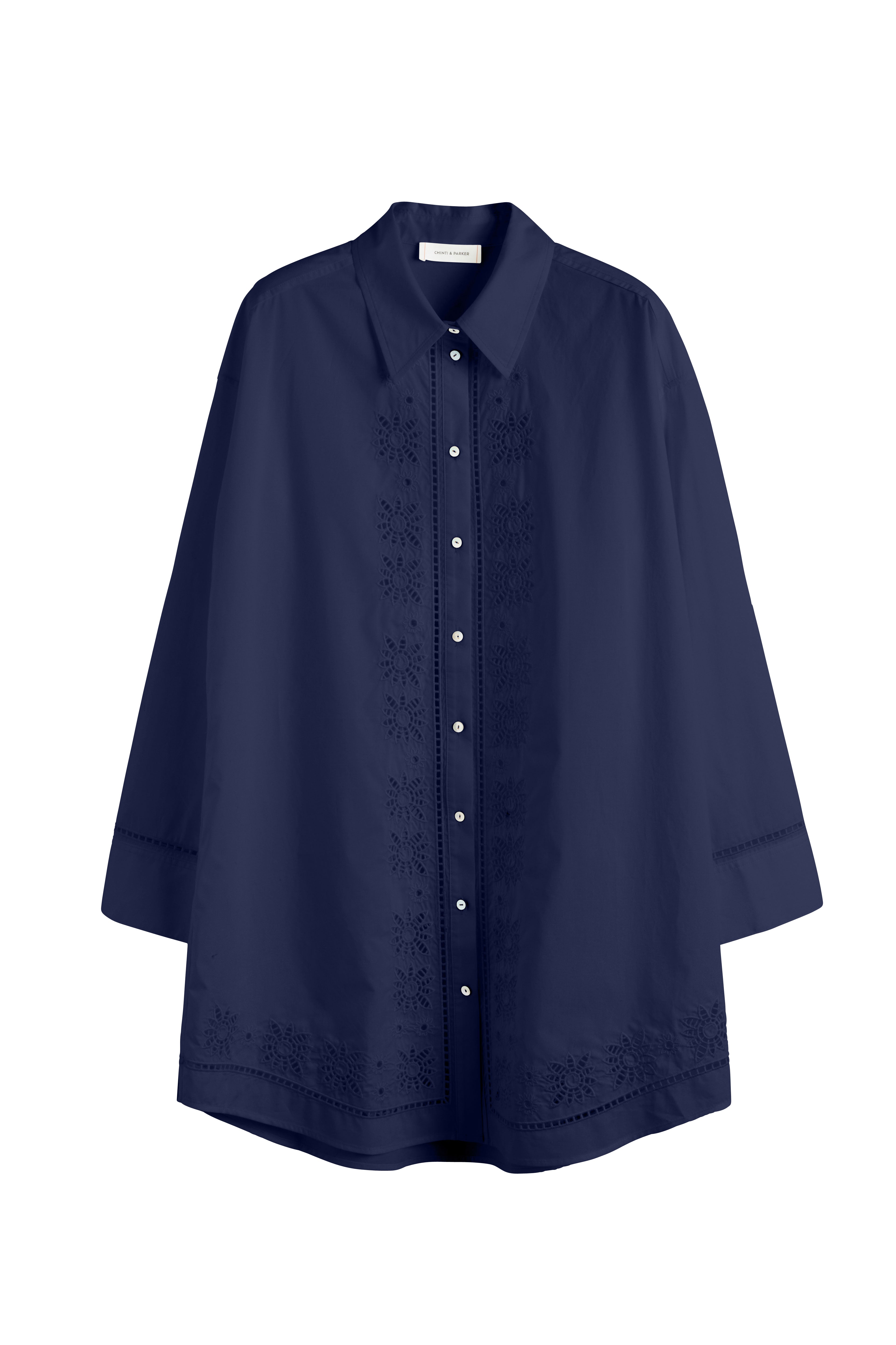 Navy Blue Cotton Lyocell Embroidered Shirt Dress for Women - Casual Summer Boho Style for Beach, Office & Date Night
