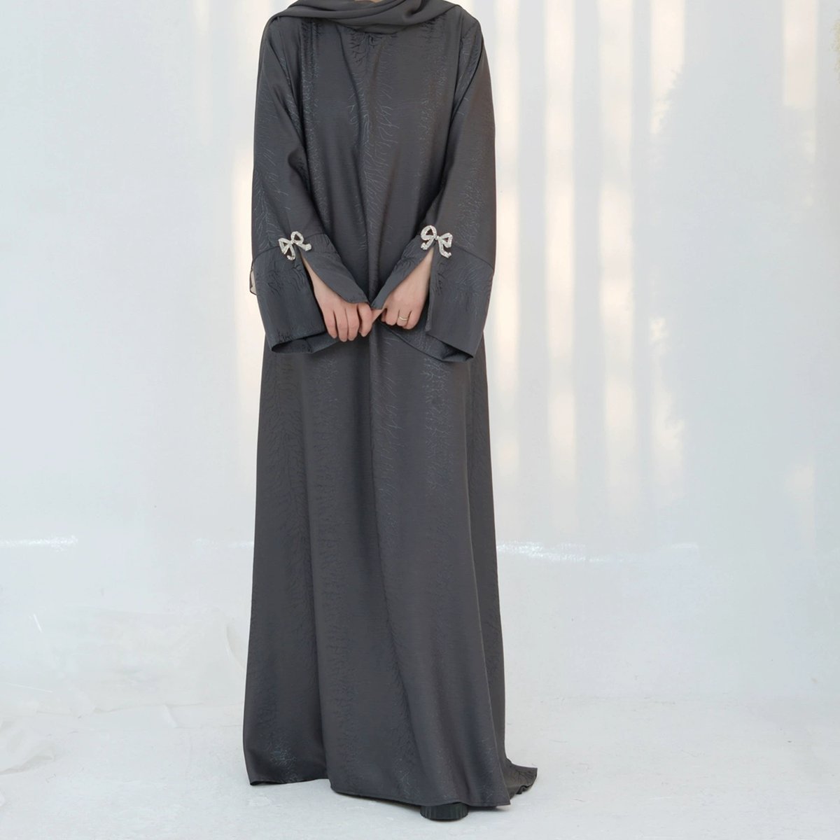 Elegant Jacquard Satin Bow Abaya Dress #25006 - Modest Muslim Women's Prayer Dress for Special Occasions & Daily Wear