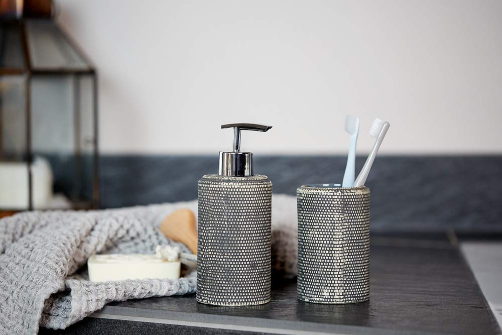 WENKO Mali Ceramic Toothbrush Holder with Drainage Holes, Grey/Black - Bathroom Organizer for Countertop Storage & Toothbrush Drying