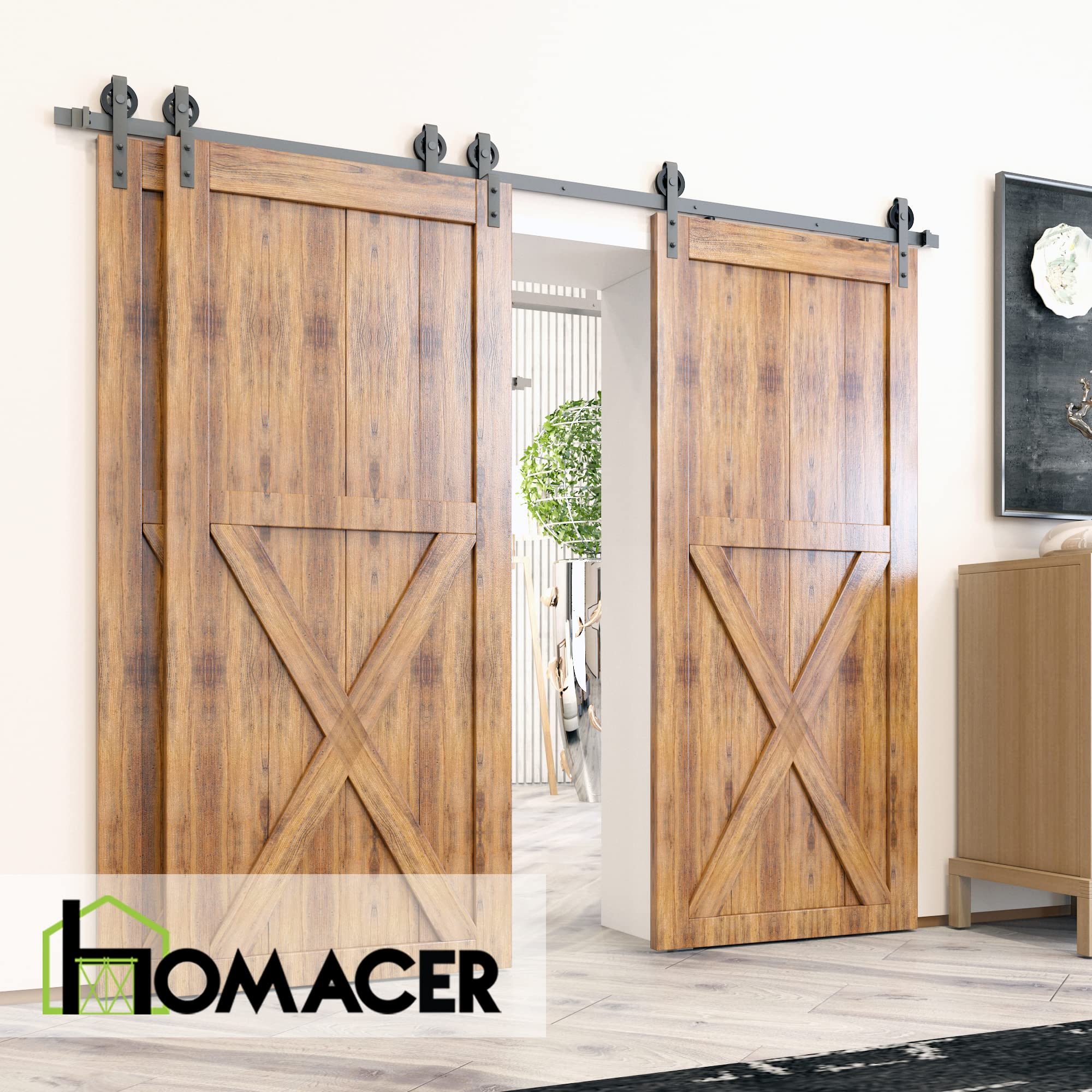 Homacer Black Rustic Single Track Bypass Sliding Barn Door Hardware Kit - 5.5ft Flat Track with Spoke Wheel Rollers (2 Flat + 1 Bent) for 3 Doors - Perfect for Farmhouse, Loft & Industrial Style Homes