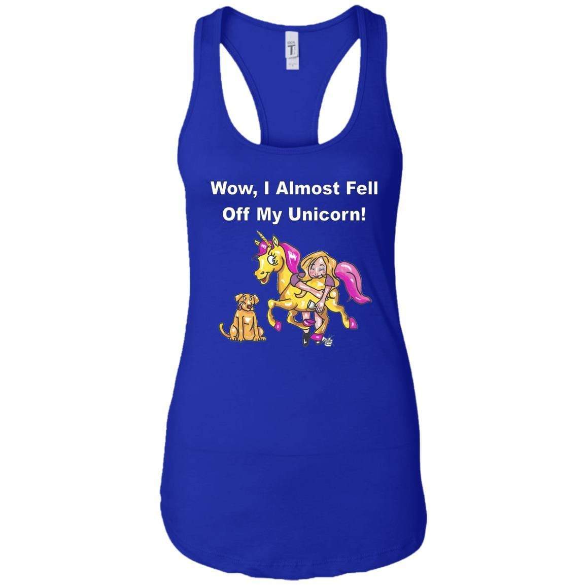 Wow, I Almost Fell Off My Unicorn Funny Women's Racerback Tank Top with White Lettering - Perfect for Girls Night Out, Bachelorette Parties & Festival Outfits