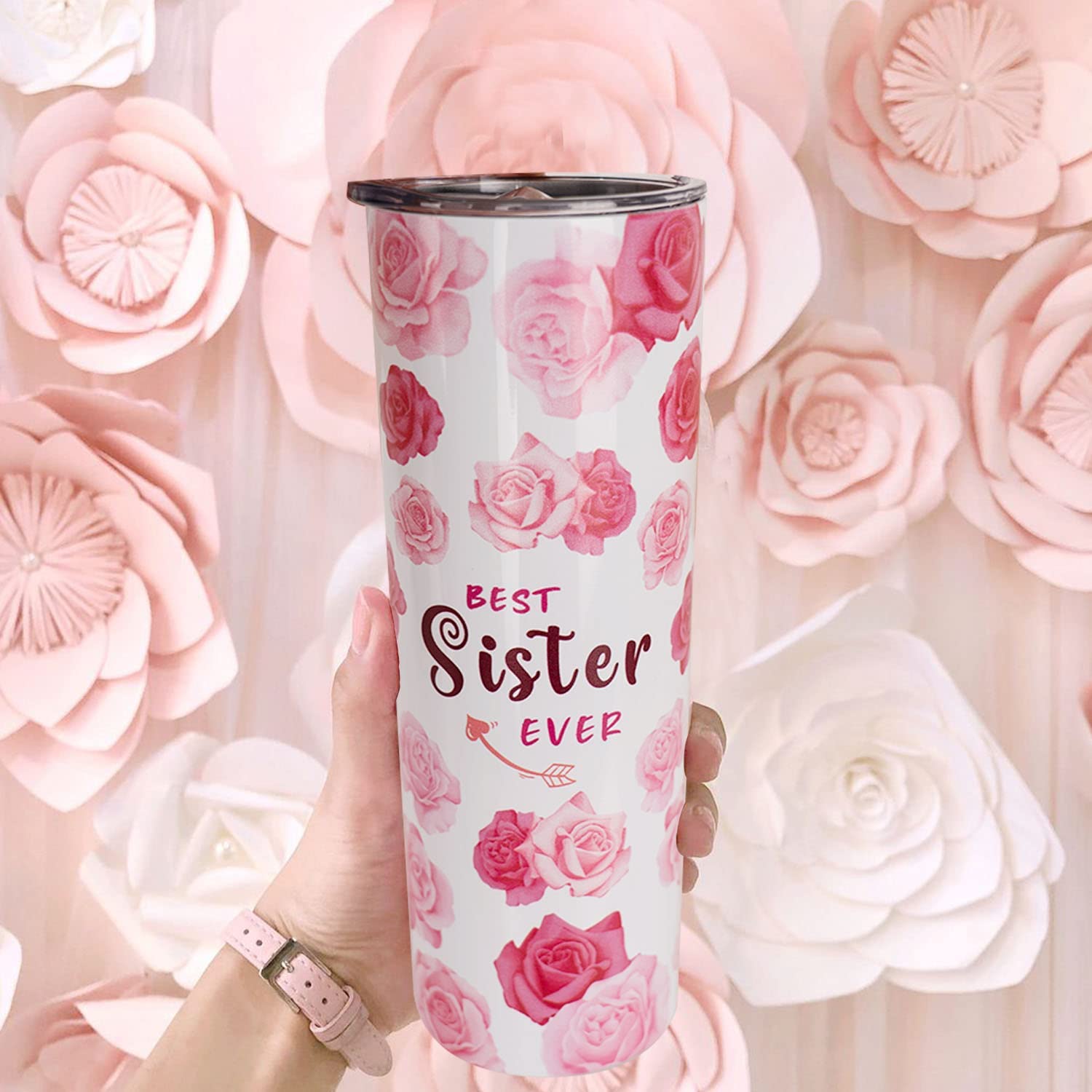 **Pink Floral Tumbler with Lid & Straw - 20oz Insulated Travel Mug for Iced Coffee, Best Sister Gift for Birthday, Christmas & Everyday - Cute Sister Tumbler for Women & Girls**    *(Use Cases: Perfect for travel, work, school, or relaxing at home – keeps drinks cold for hours!)*